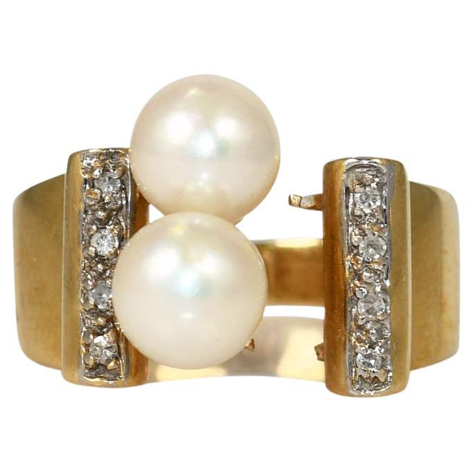 14K Yellow Gold Dual Pearl & Diamond Ring For Sale