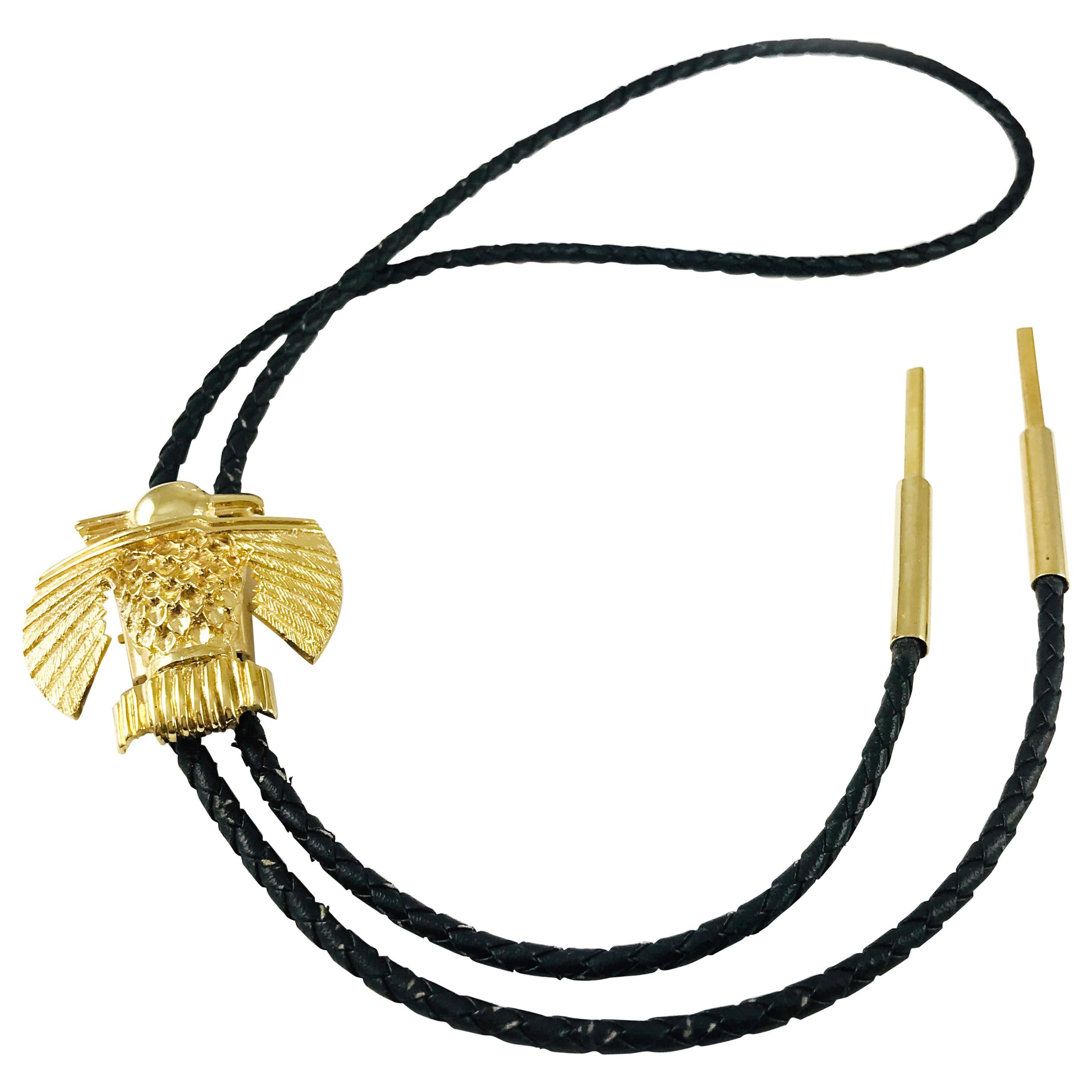 14K Yellow Gold Eagle Bolo Tie with Braided Leather Cord For Sale