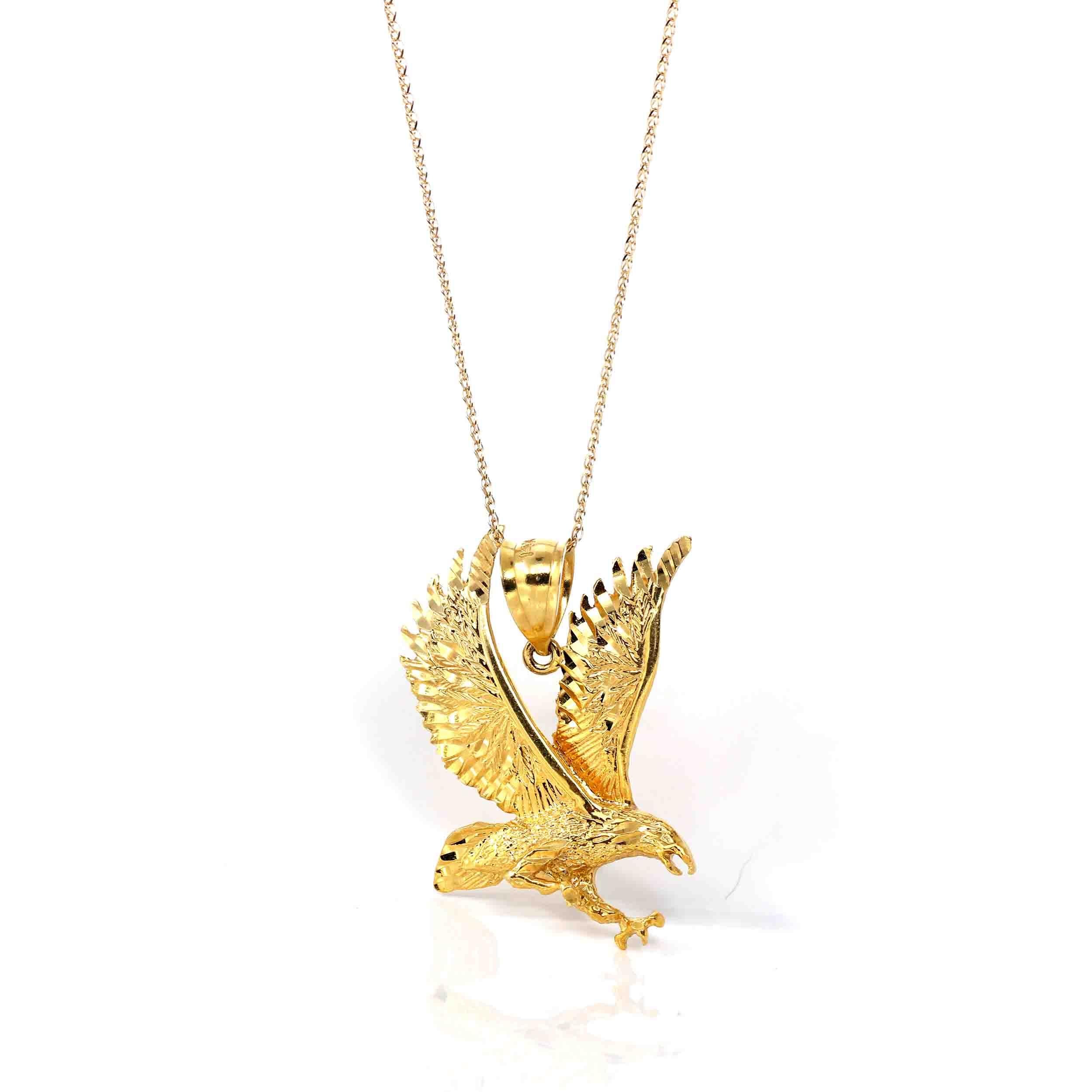 * INTRODUCTION----- This eagle pendant is made with 14K yellow solid gold. It looks very exquisite. The luxury yellow gold pendant is very shiny. Every angles and lines are so beautiful. It's an affordable gold gift for yourself and your love.


*