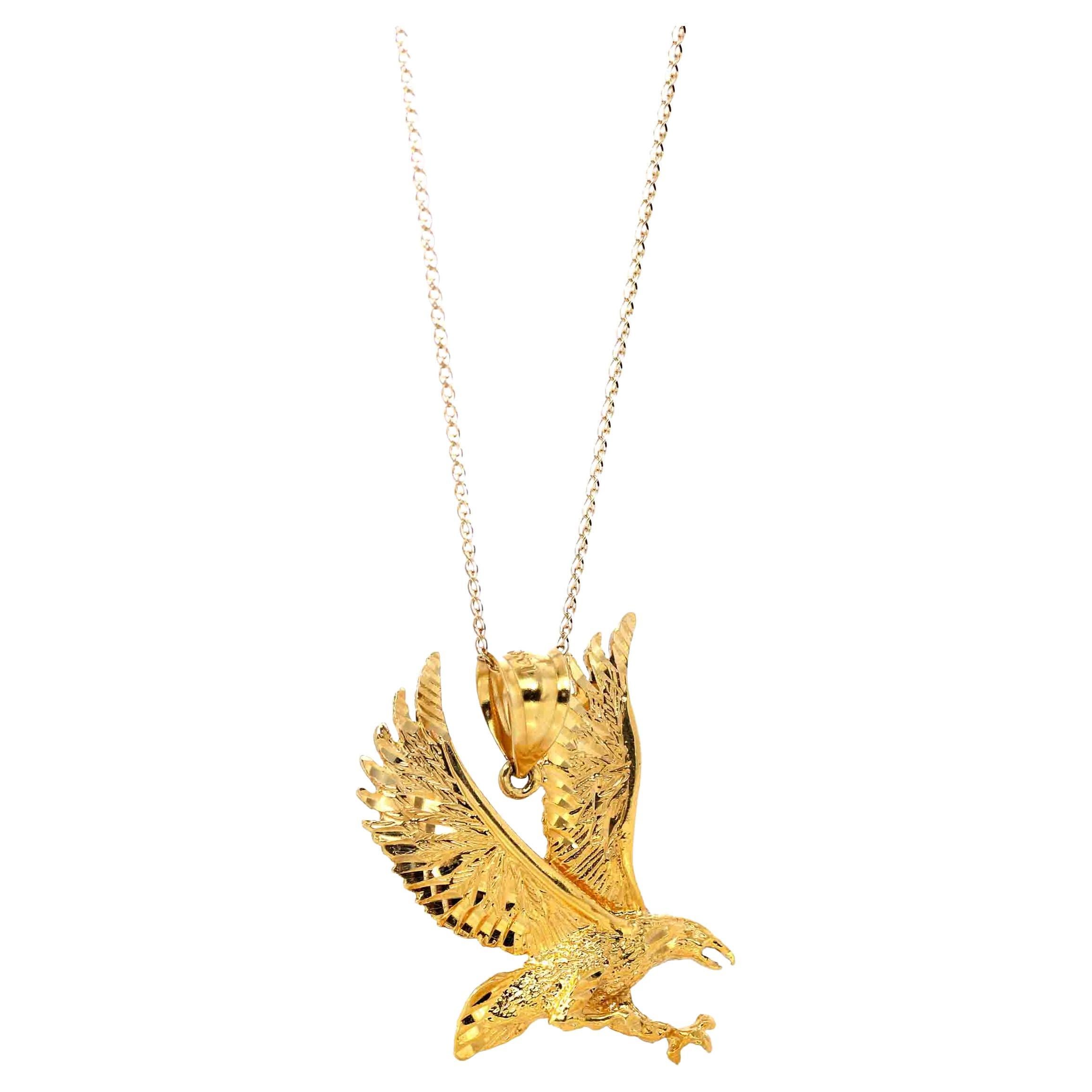 14k Yellow Gold Eagle Pendant Necklace For Sale