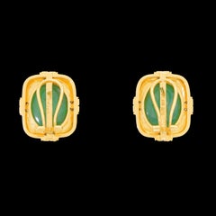 14 Karat Gold Earrings with Green Jade Cabochon and Diamonds for Pierced Ears