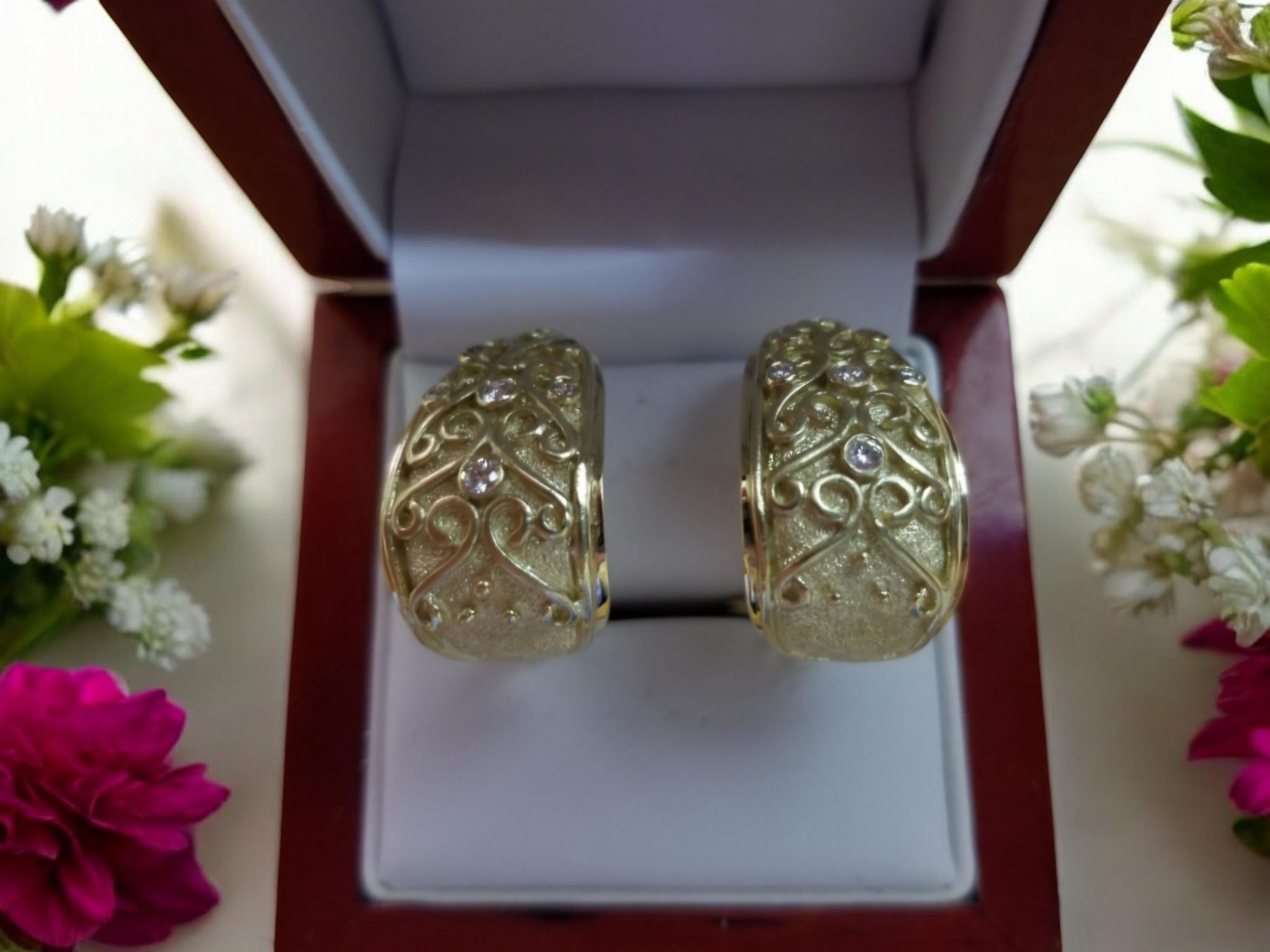 14K Yellow Gold Earrings with Hearts and Arrows Diamonds New For Sale 6