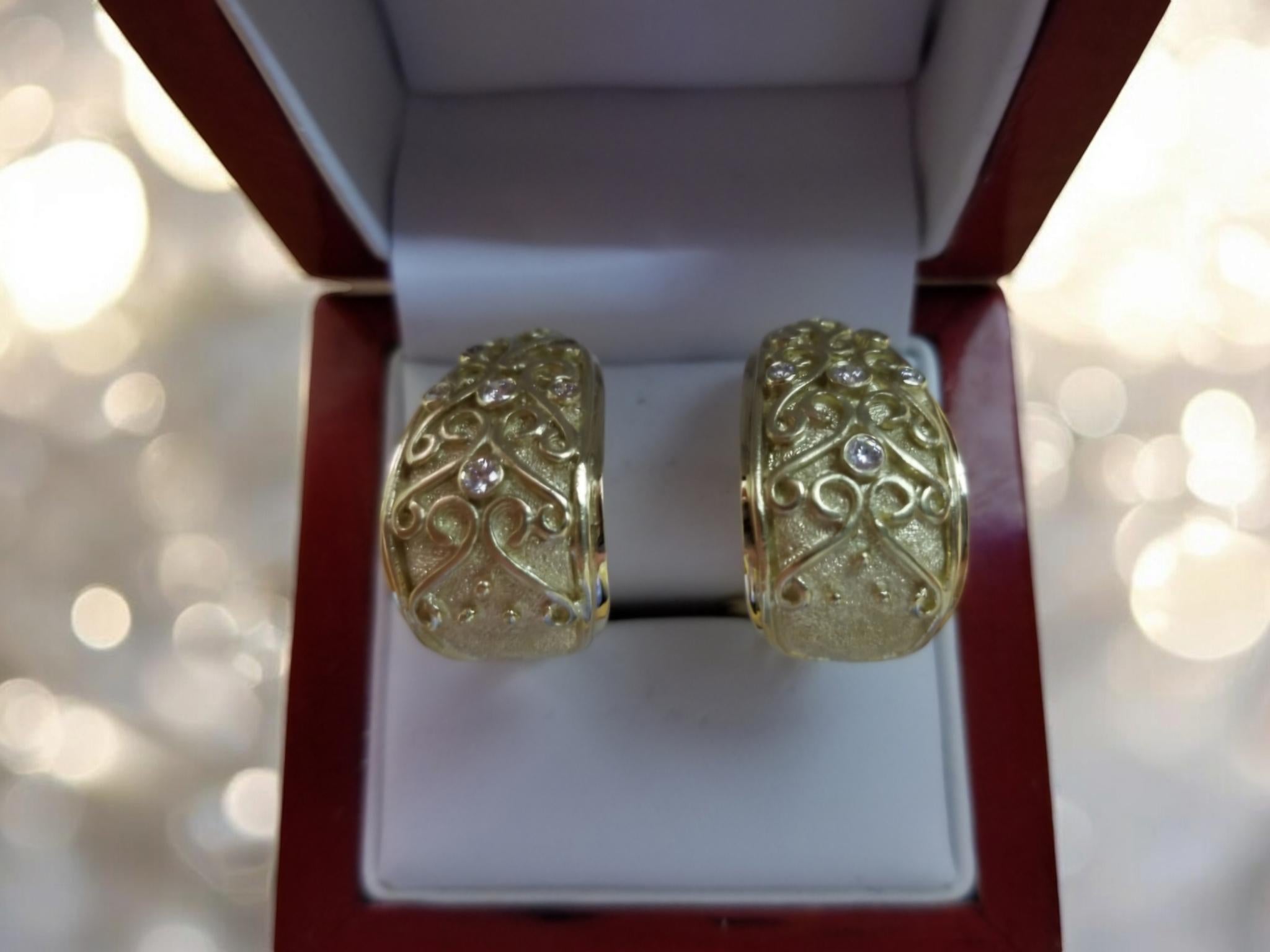 14K Yellow Gold Earrings with Hearts and Arrows Diamonds New For Sale 7