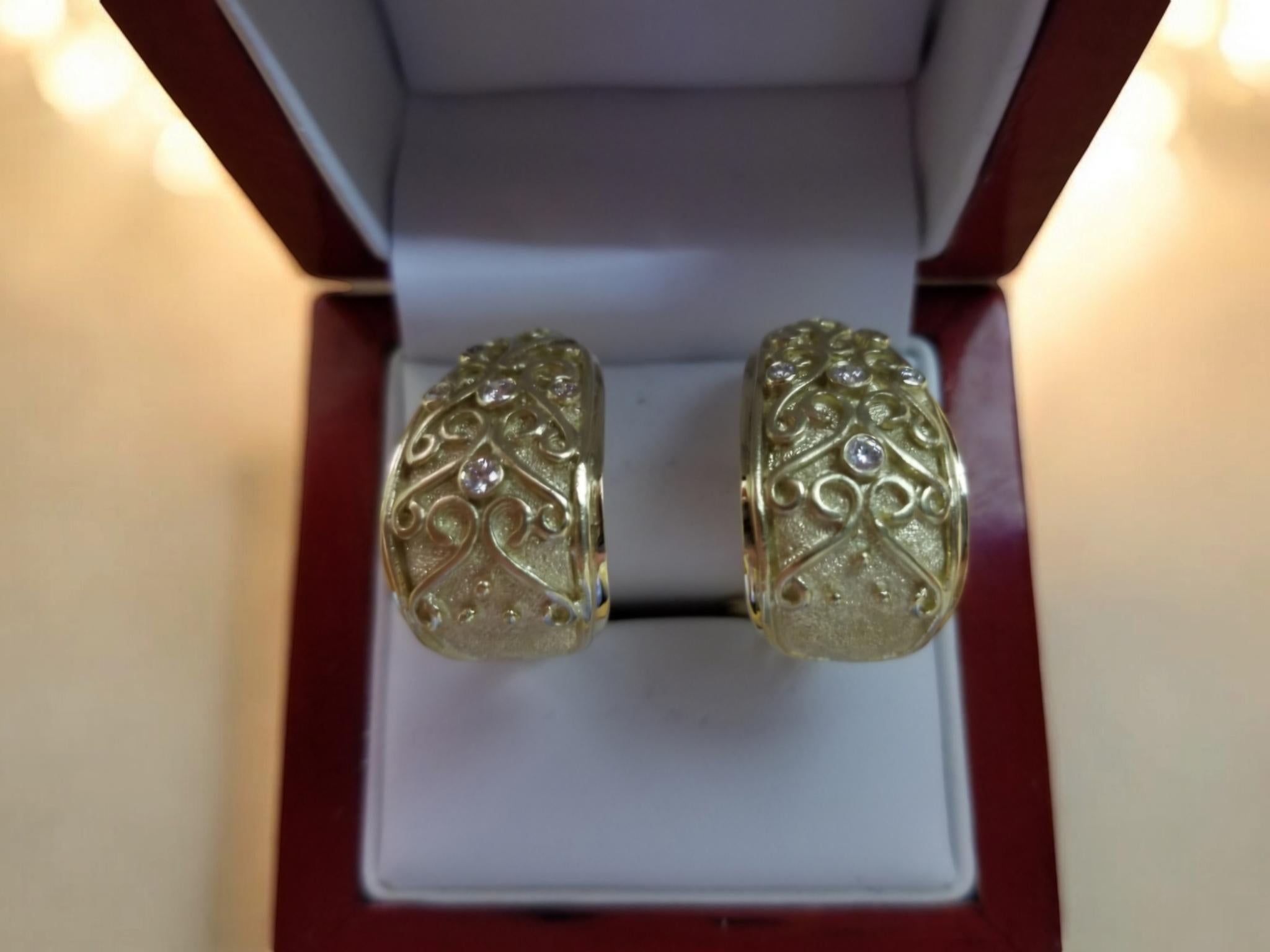 14K Yellow Gold Earrings with Hearts and Arrows Diamonds New For Sale 9