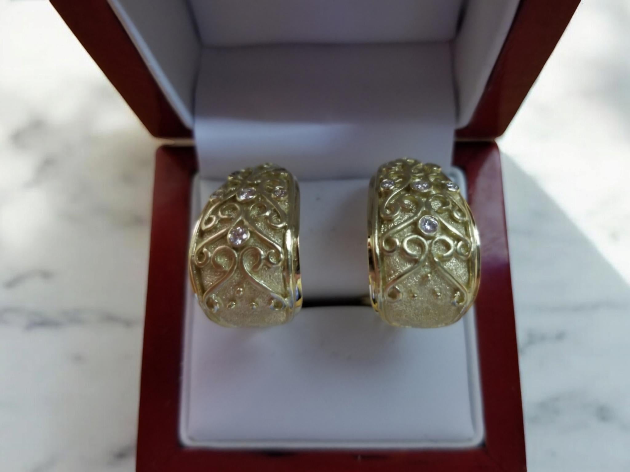 14K Yellow Gold Earrings with Hearts and Arrows Diamonds New For Sale 12
