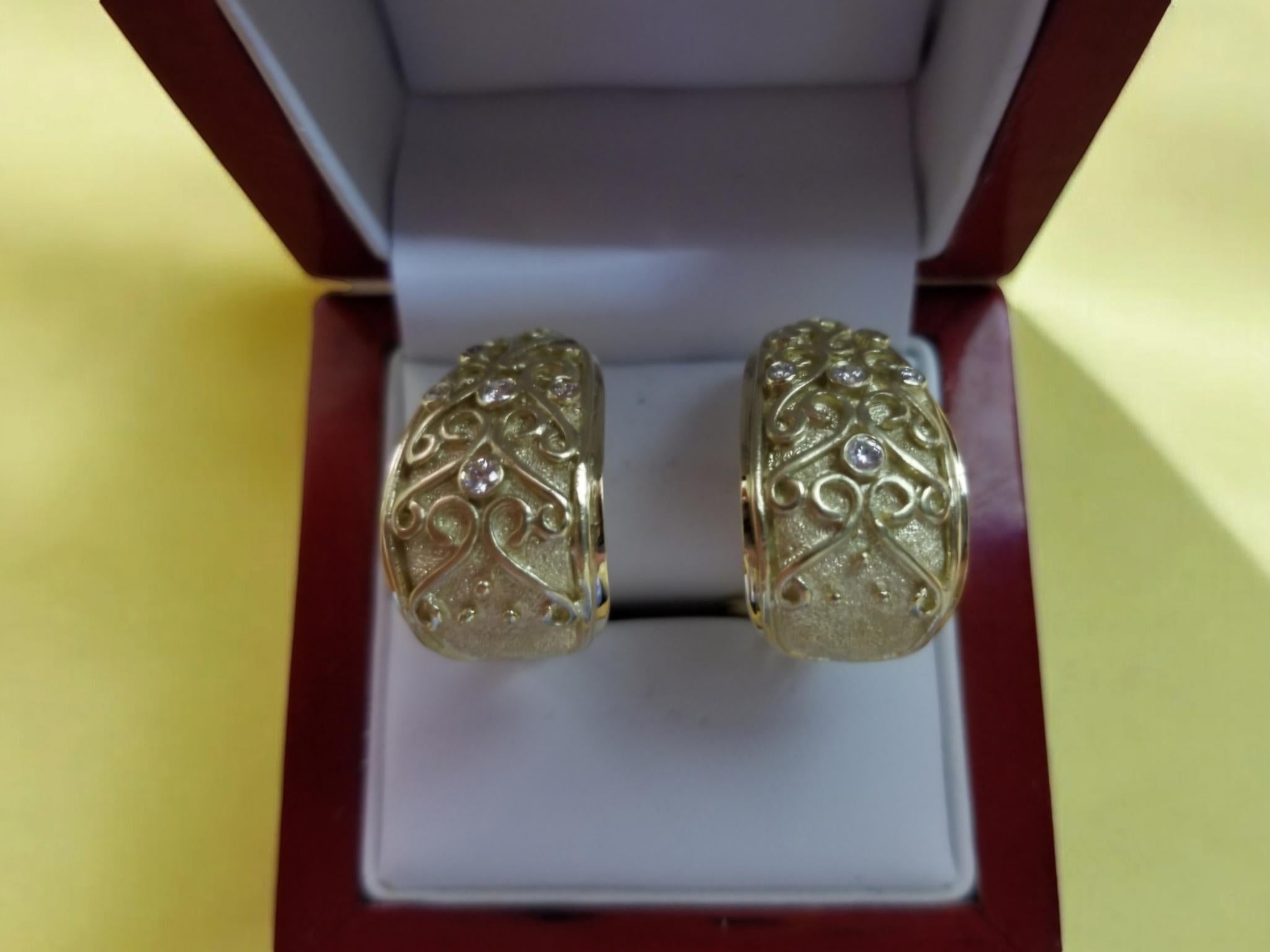 14K Yellow Gold Earrings with Hearts and Arrows Diamonds New For Sale 2