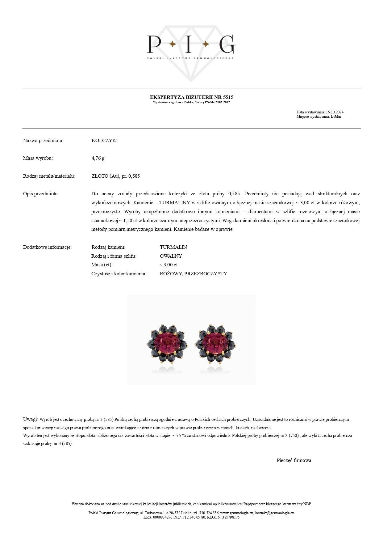 Boucles d'oreilles en or jaune 14k avec tourmalines roses - 3.00 ct et diamants noirs taillés en rose Neuf - En vente à Warszawa, PL