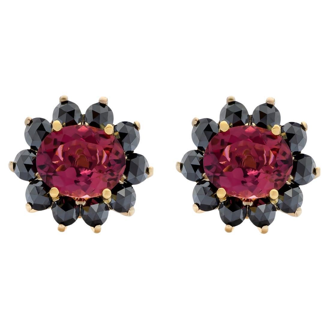 Boucles d
oreilles en or jaune 14k avec tourmalines roses - 3.00 ct et diamants noirs taillés en rose