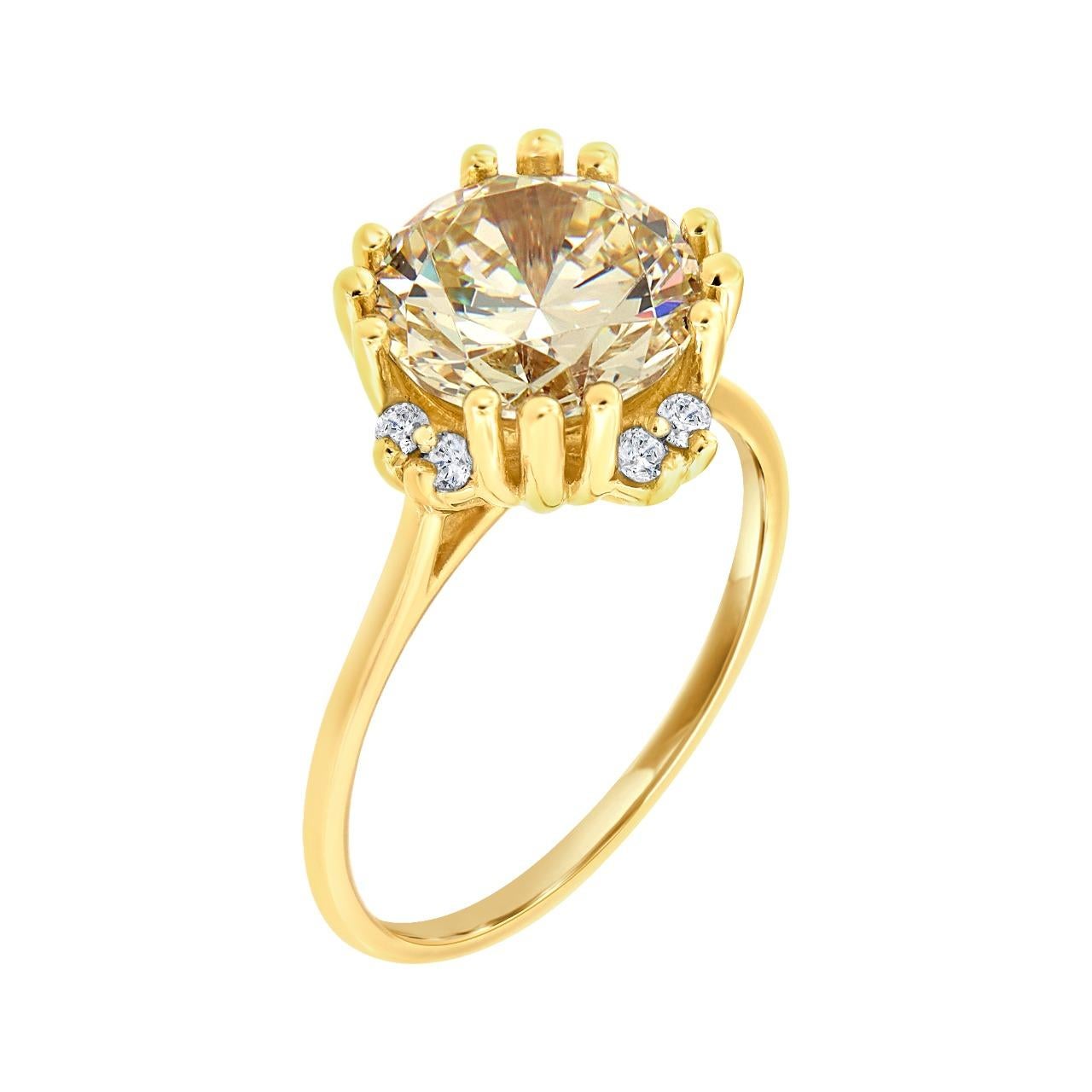 This Delicate ring features a Rare Fancy Light Yellow 4.84 -Carat (9 mm) Round Moissanite set in twelve (12) tiny prongs on top of a 1.2 mm band. Eight(8) Natural brilliant round diamonds in weight of 0.12 carat evenly scattered underneath the crown