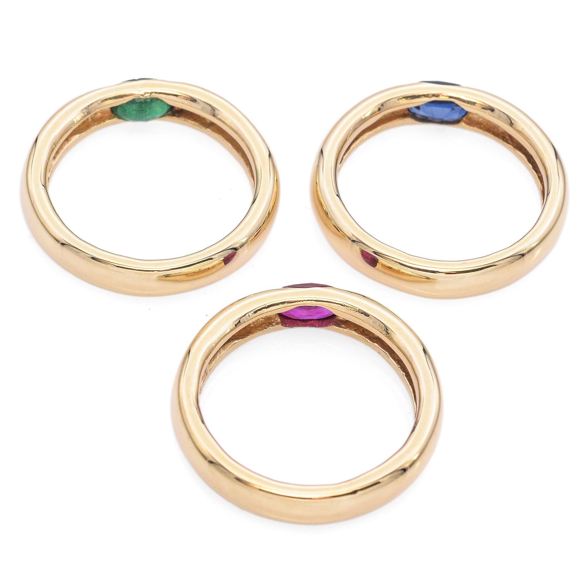 14K Yellow Gold East West Emerald, Ruby, Sapphire Stackable Rings 1