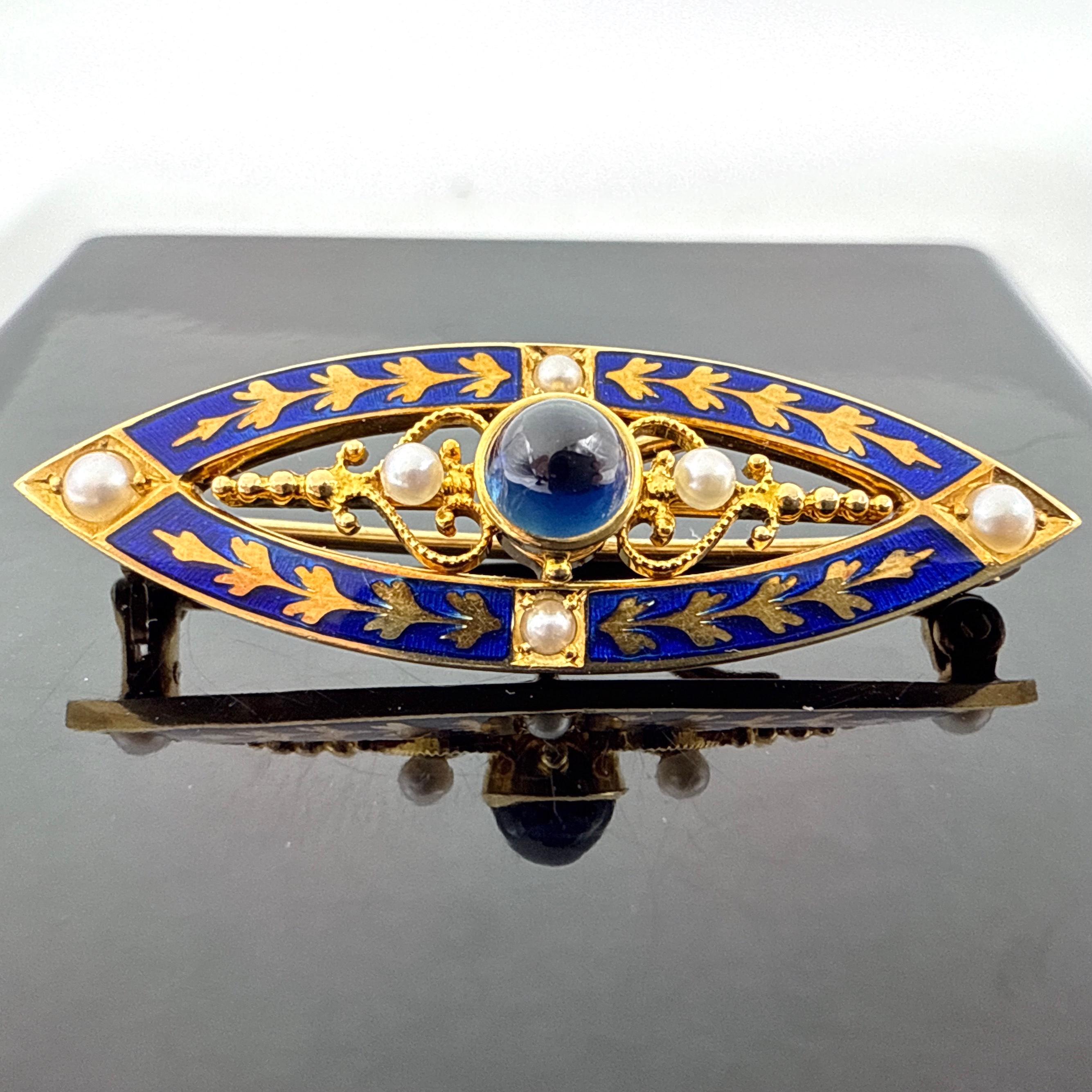 Cabochon 14K Yellow Gold Edwardian Sapphire, Seed Pearl & Blue Enamel Brooch/Pendant For Sale