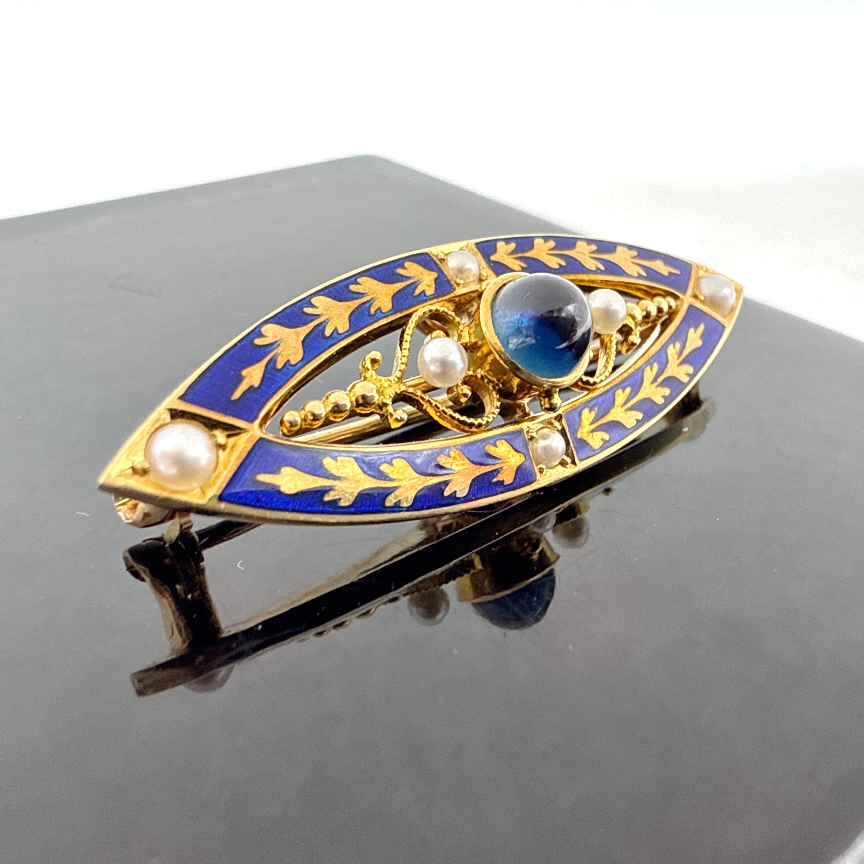 14K Yellow Gold Edwardian Sapphire, Seed Pearl & Blue Enamel Brooch/Pendant In Good Condition For Sale In Victoria, BC