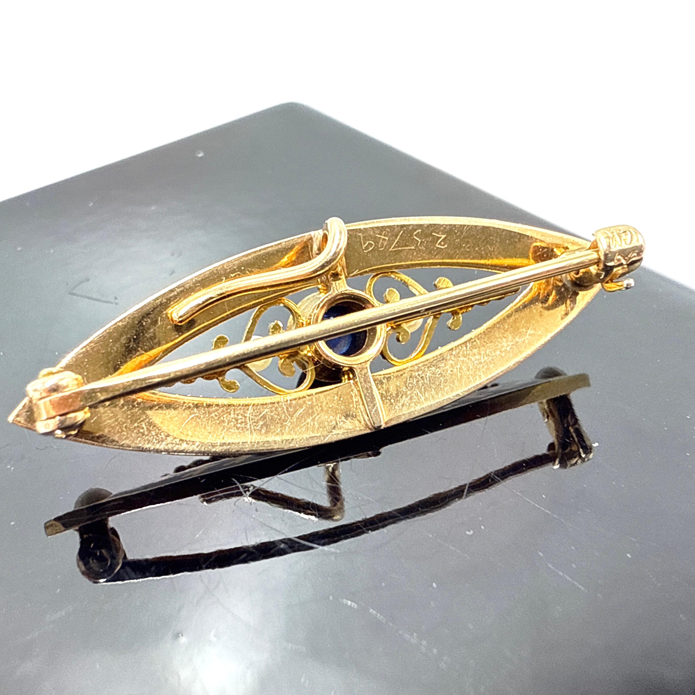 Women's or Men's 14K Yellow Gold Edwardian Sapphire, Seed Pearl & Blue Enamel Brooch/Pendant For Sale