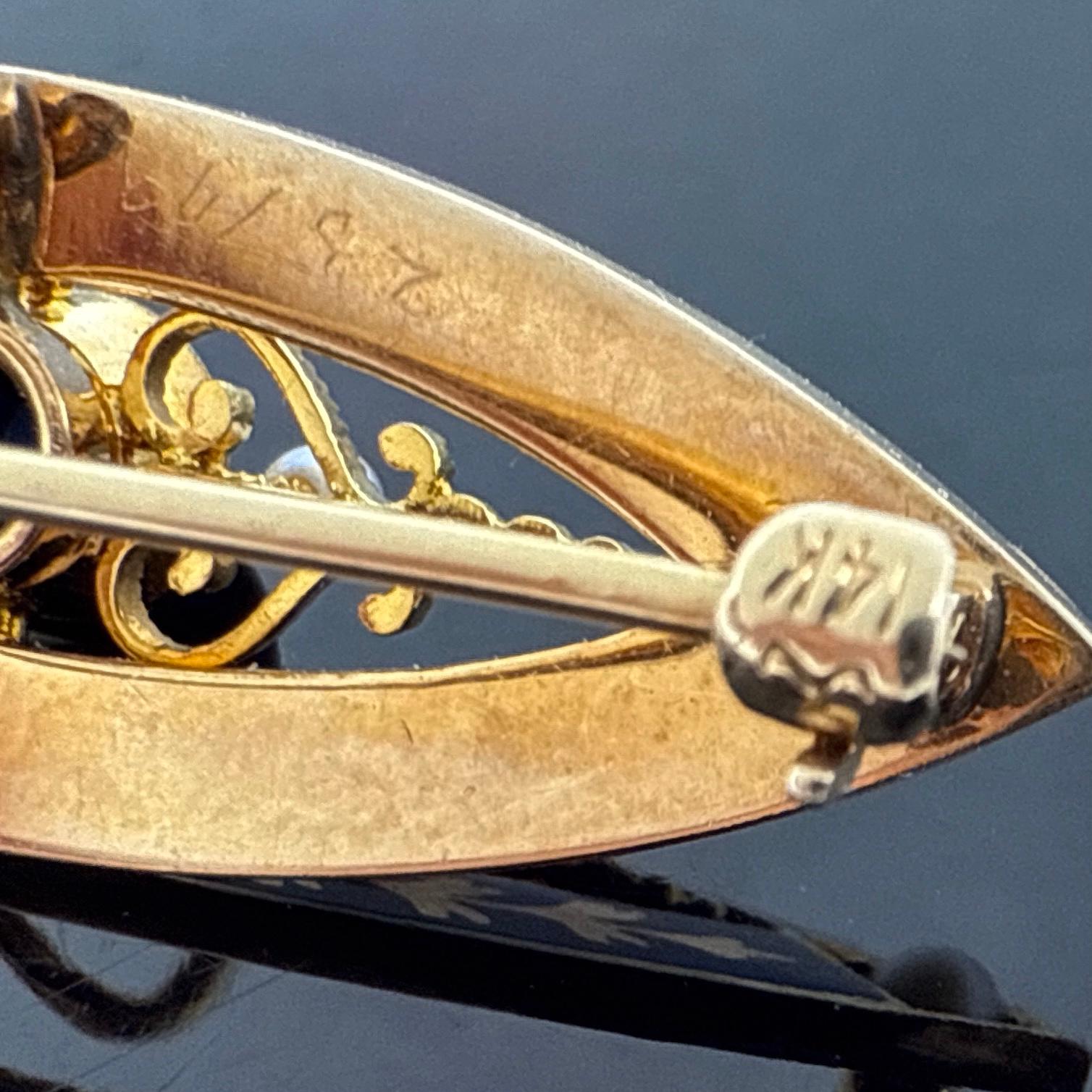 14K Yellow Gold Edwardian Sapphire, Seed Pearl & Blue Enamel Brooch/Pendant For Sale 1