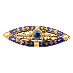 14K Yellow Gold Edwardian Sapphire, Seed Pearl & Blue Enamel Brooch/Pendant