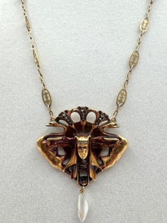 14K Yellow Gold Egyptian Revival Necklace with Pearl Drop, Rubies, and Diamonds