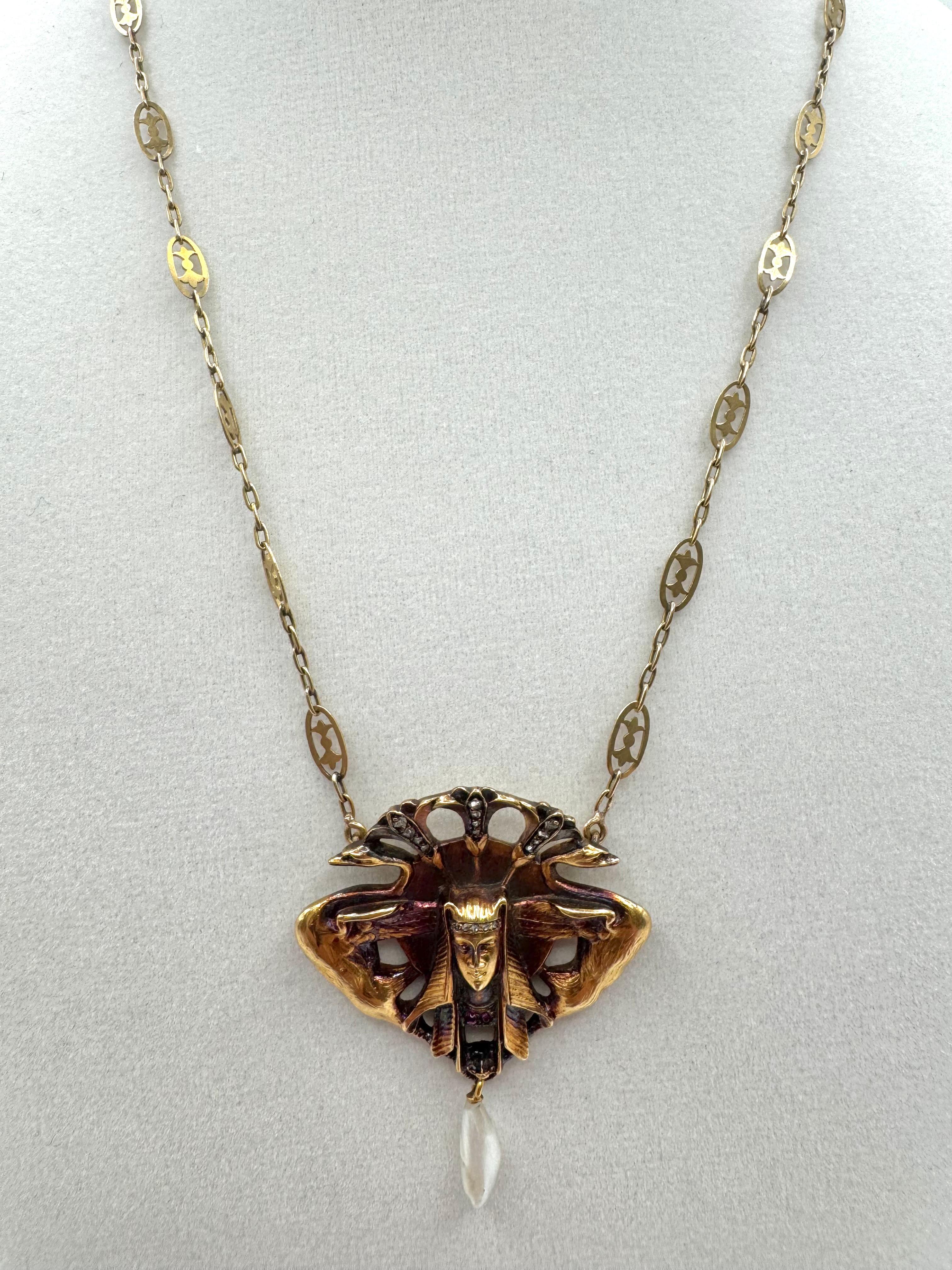 Neoegizio 14K Yellow Gold Egyptian Revival Necklace with Pearl Drop, Rubies, and Diamonds in vendita