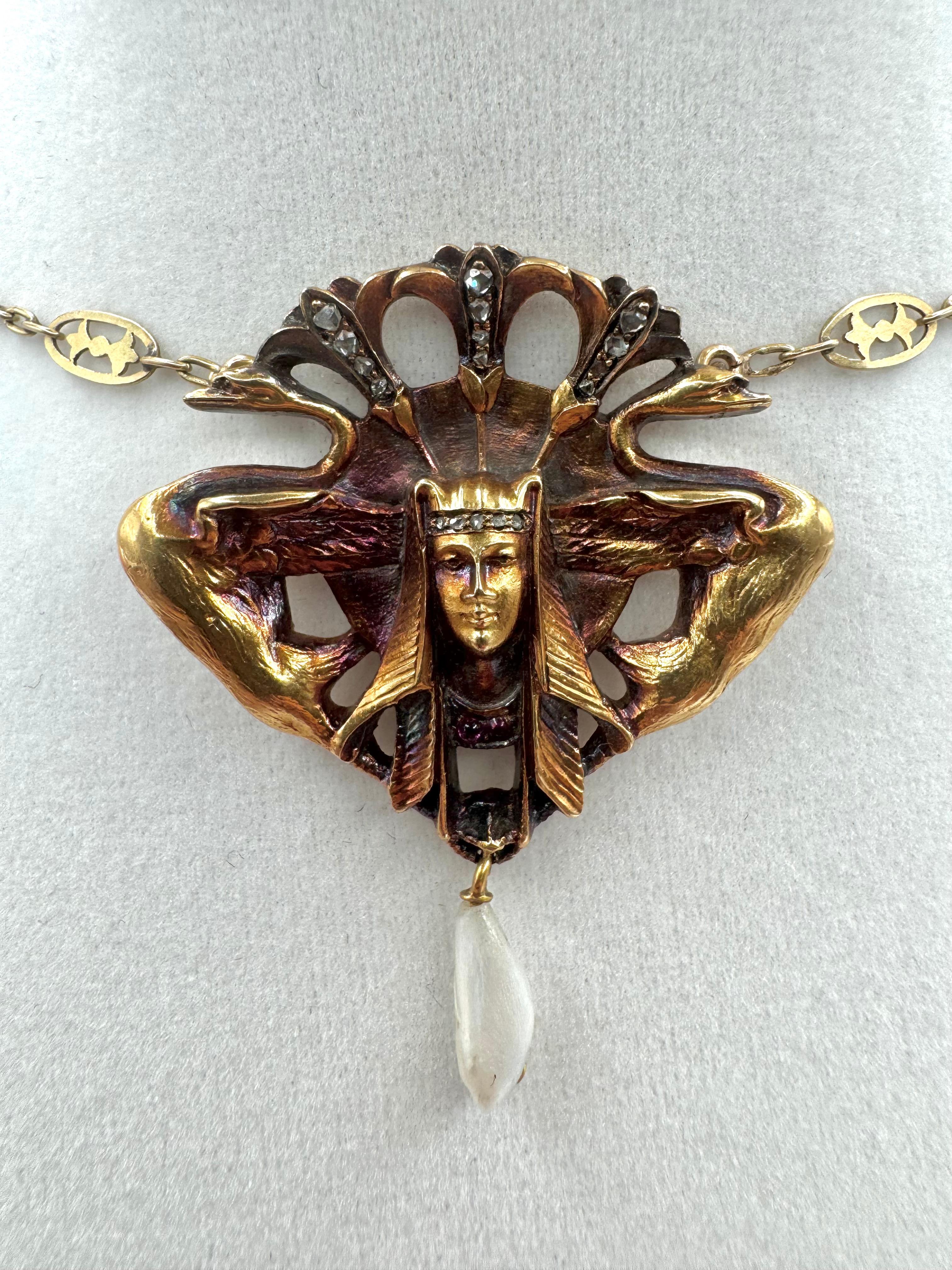 14K Yellow Gold Egyptian Revival Necklace with Pearl Drop, Rubies, and Diamonds In condizioni ottime in vendita a Great Neck Plaza, NY