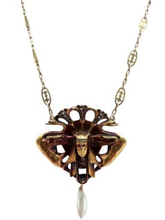 14K Yellow Gold Egyptian Revival Necklace with Pearl Drop, Rubies, and Diamonds