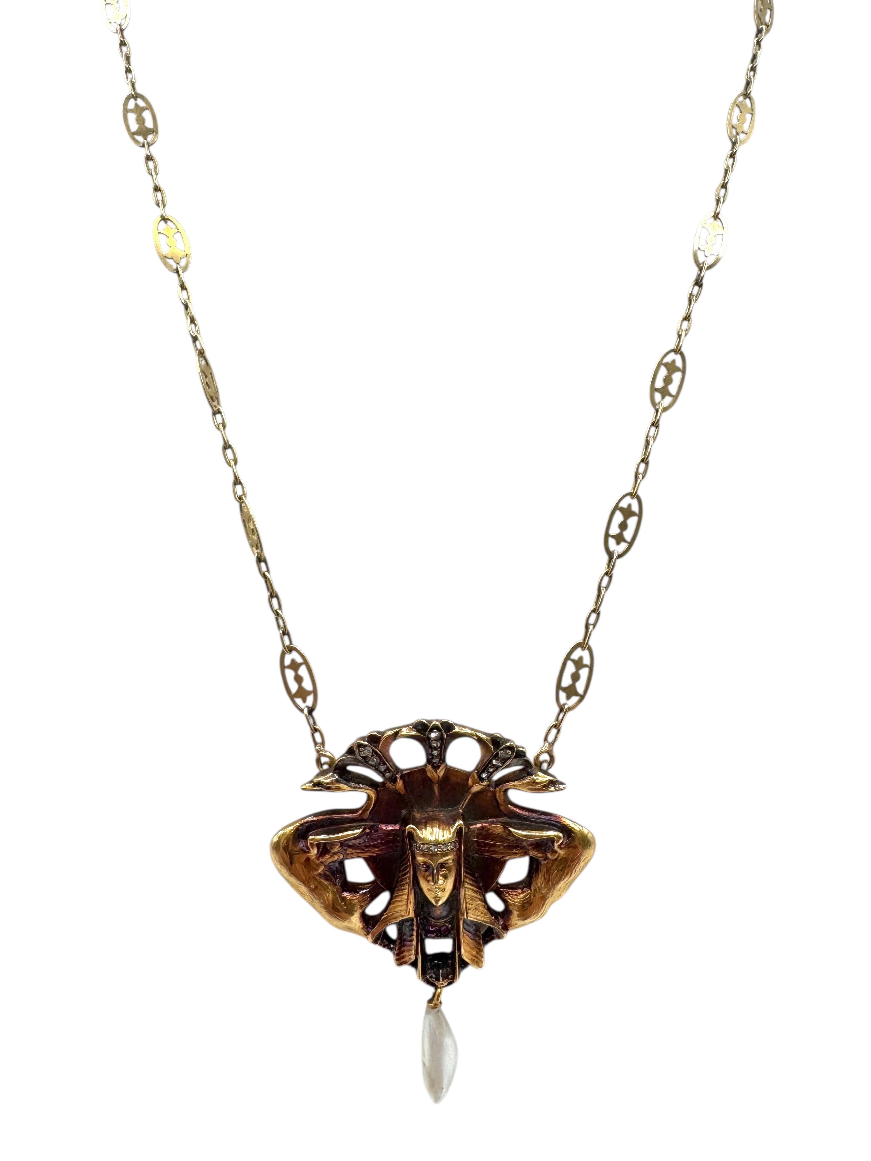 14K Yellow Gold Egyptian Revival Necklace with Pearl Drop, Rubies, and Diamonds in vendita 1