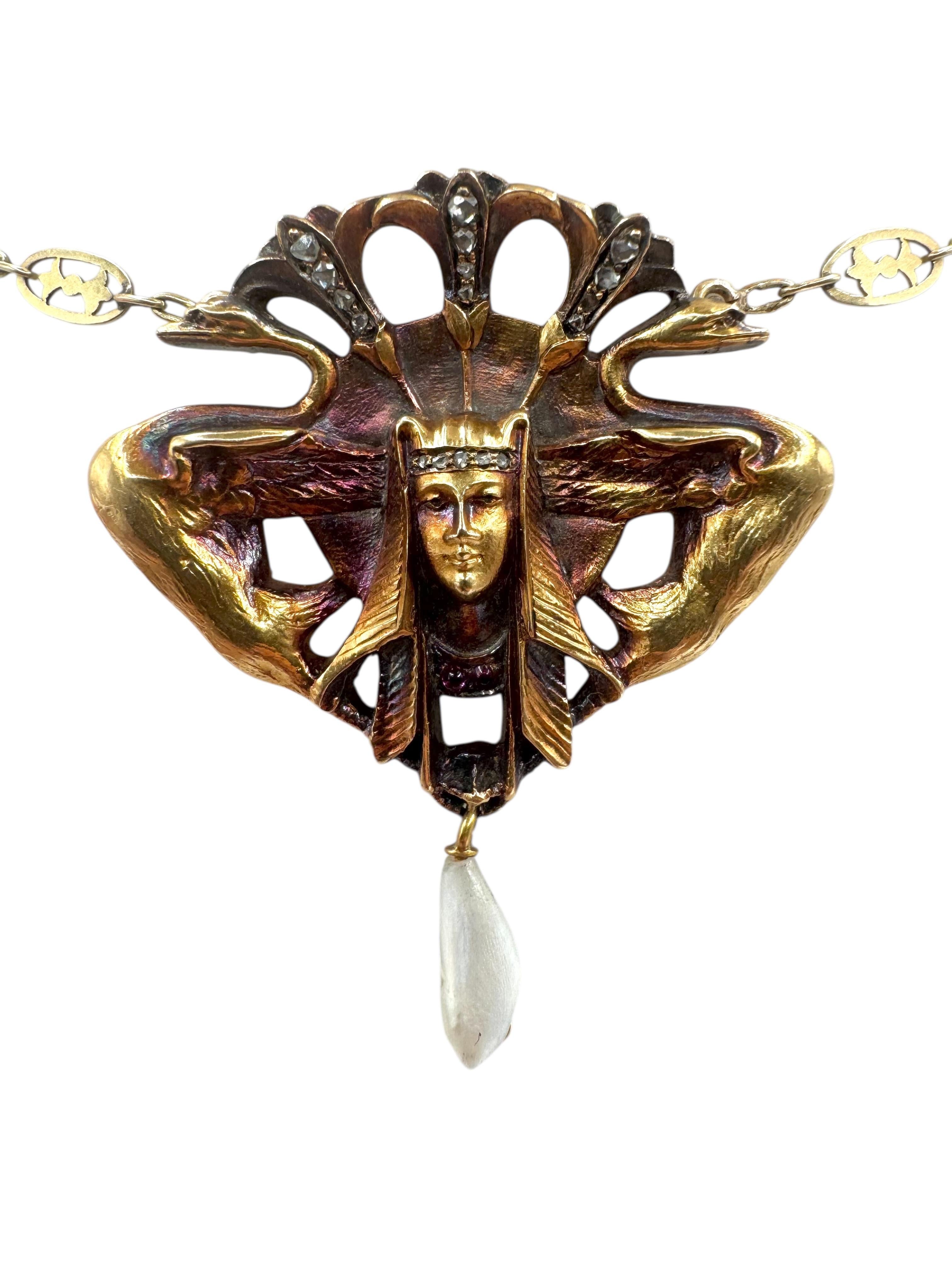 14K Yellow Gold Egyptian Revival Necklace with Pearl Drop, Rubies, and Diamonds in vendita 2