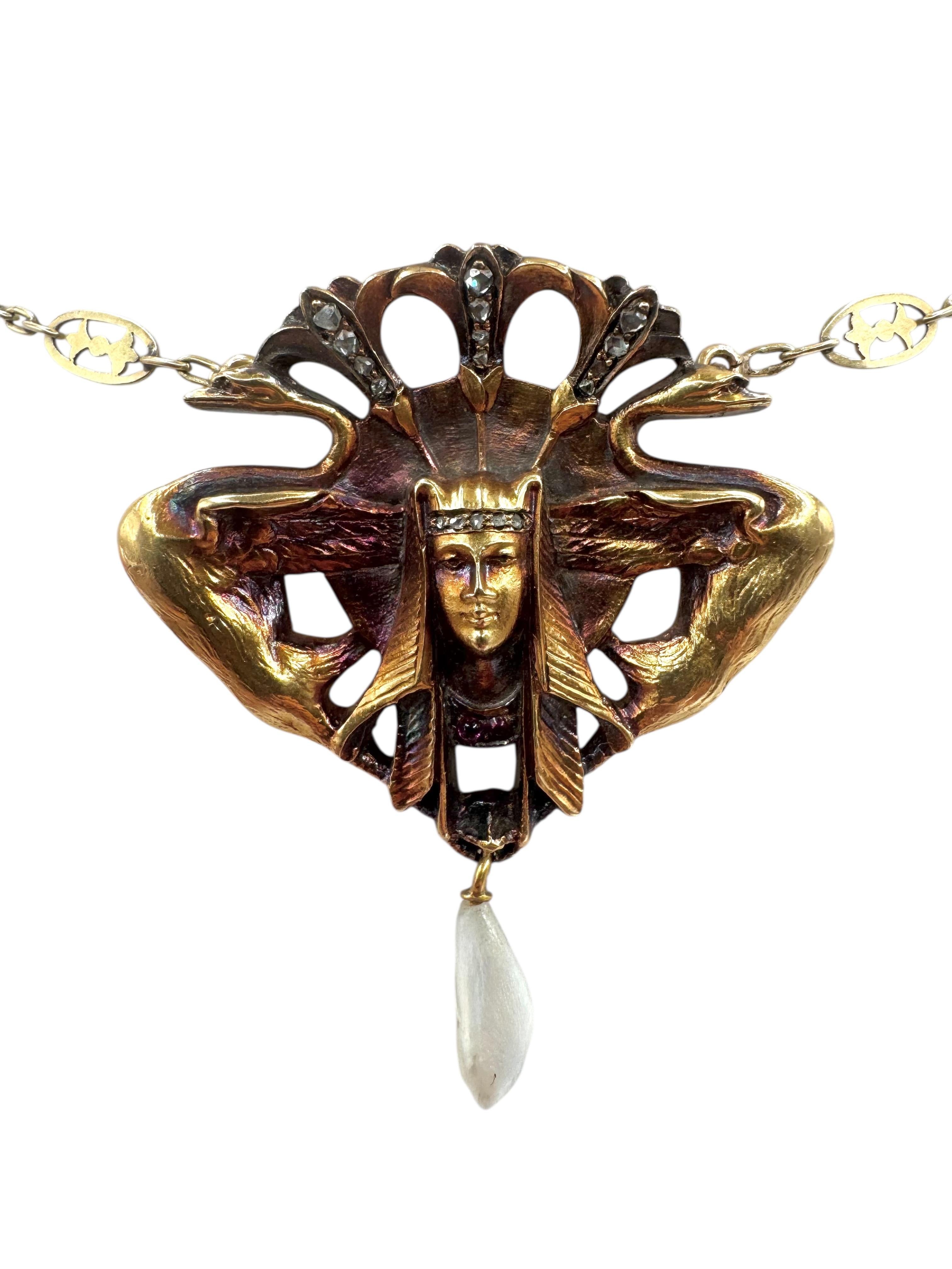 14K Yellow Gold Egyptian Revival Necklace with Pearl Drop, Rubies, and Diamonds in vendita 3