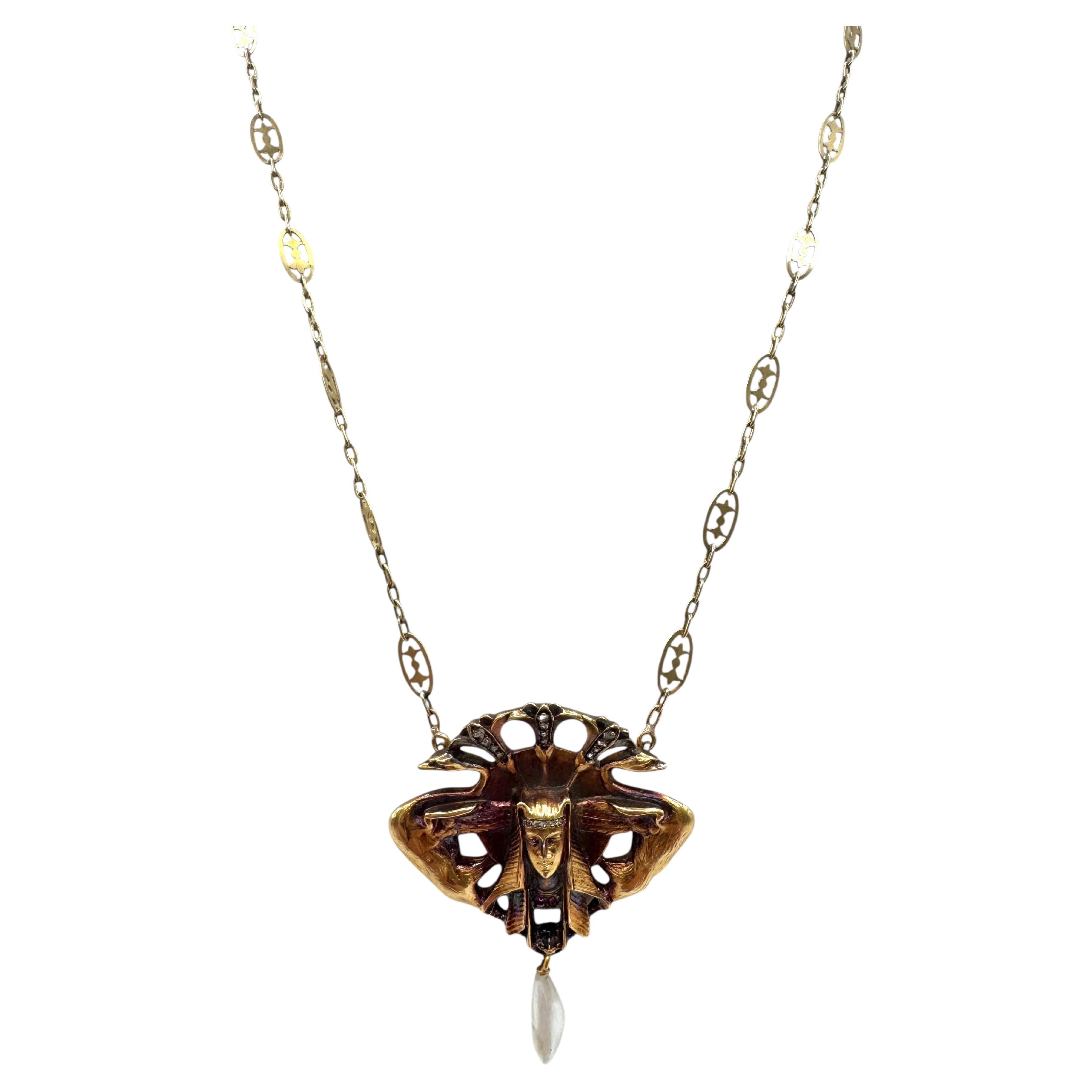 14K Yellow Gold Egyptian Revival Necklace with Pearl Drop, Rubies, and Diamonds