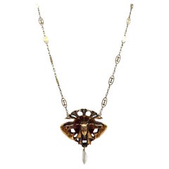14K Yellow Gold Egyptian Revival Necklace with Pearl Drop, Rubies, and Diamonds