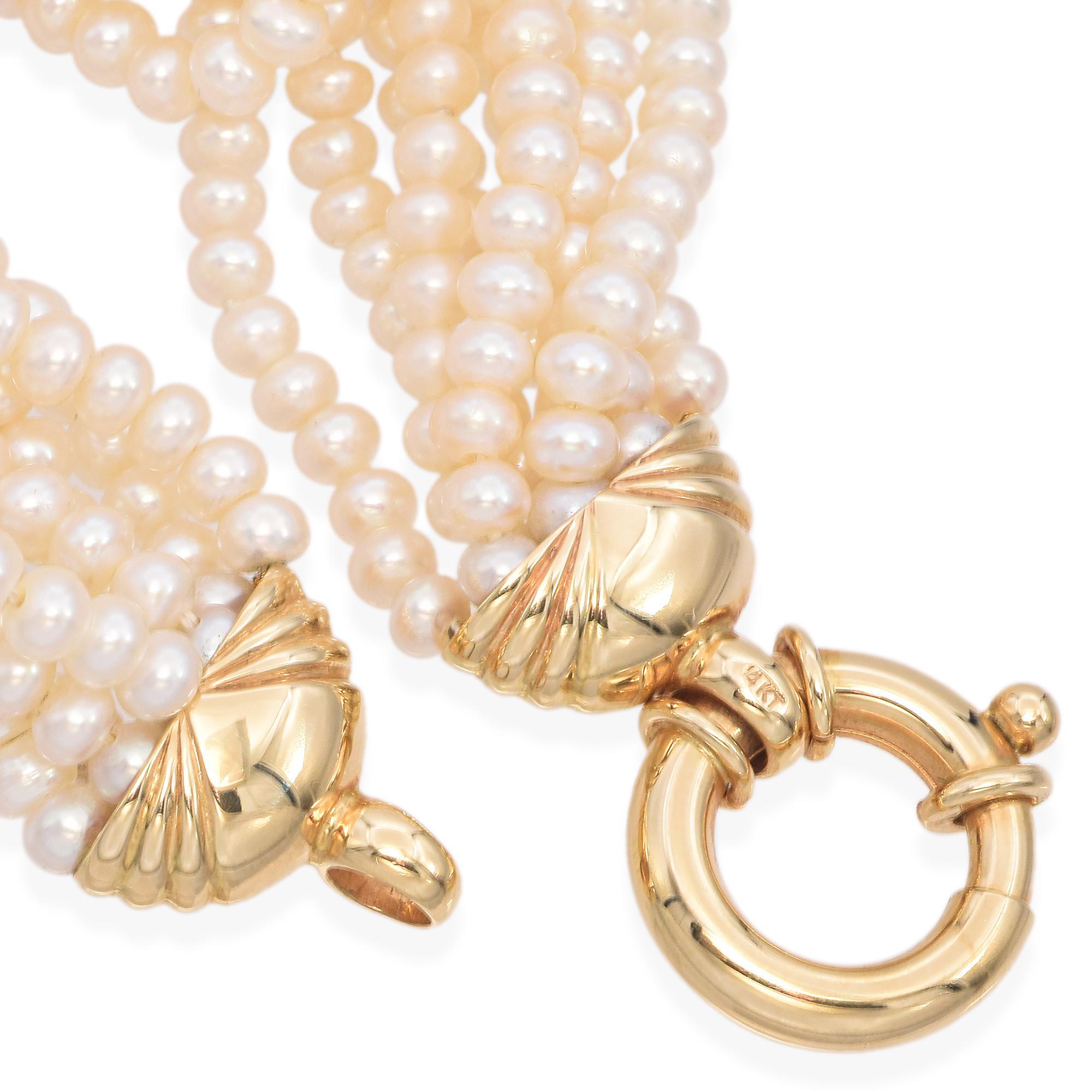 Uncut 14K Yellow Gold Eight Strand Cultured Pearl Necklace For Sale