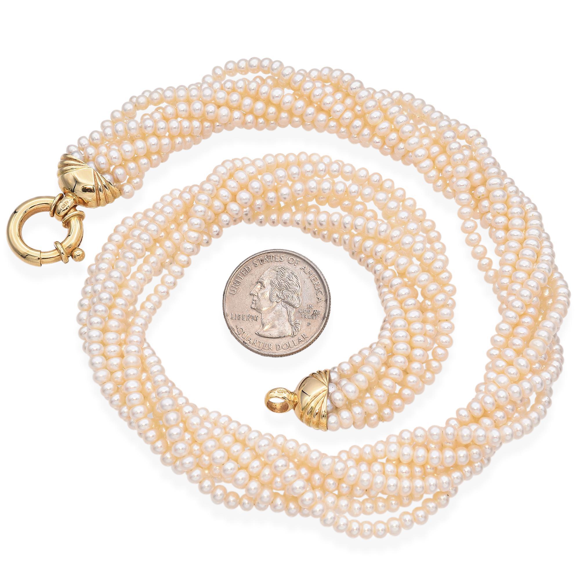14K Yellow Gold Eight Strand Cultured Pearl Necklace In Good Condition For Sale In New York, NY