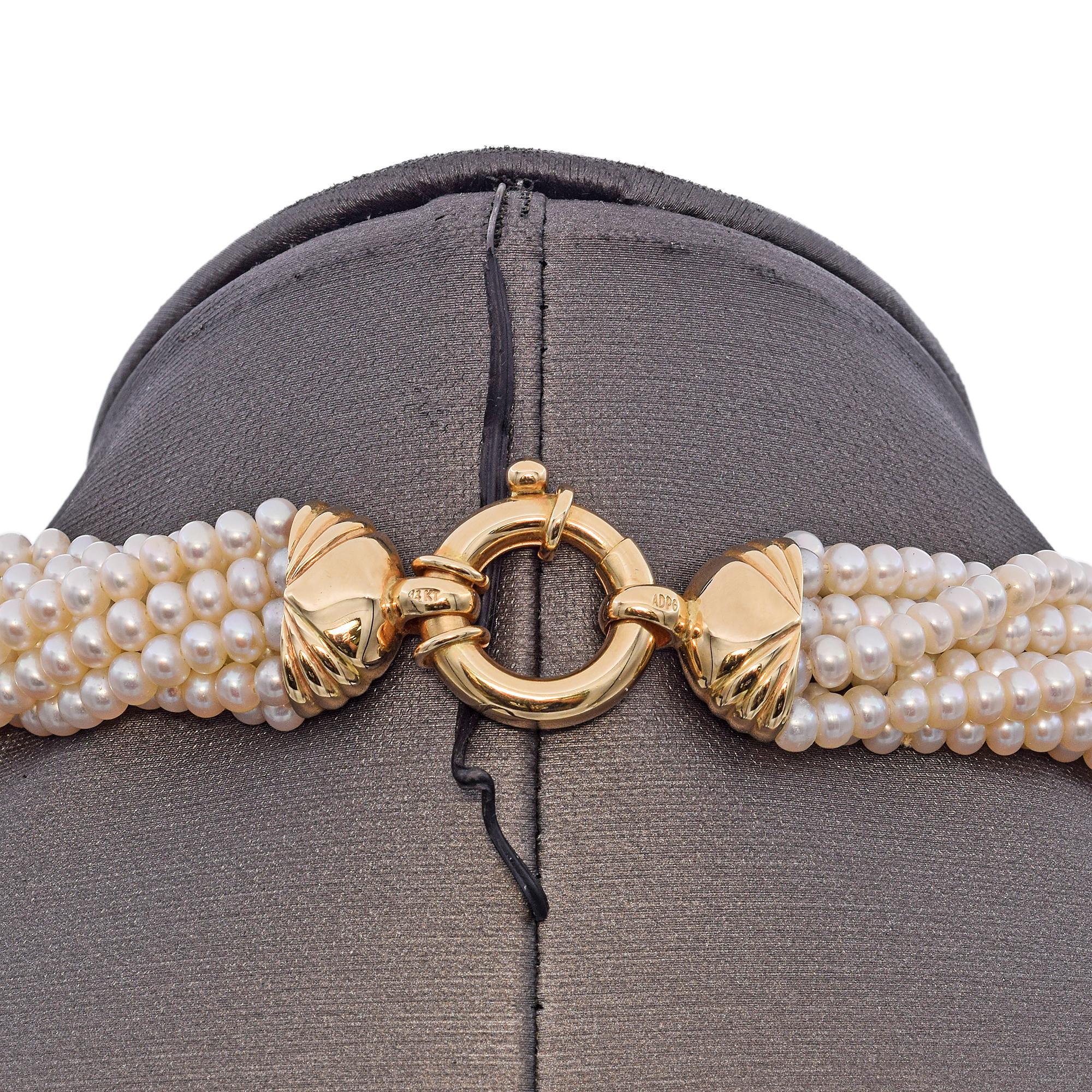 14K Yellow Gold Eight Strand Cultured Pearl Necklace For Sale 1