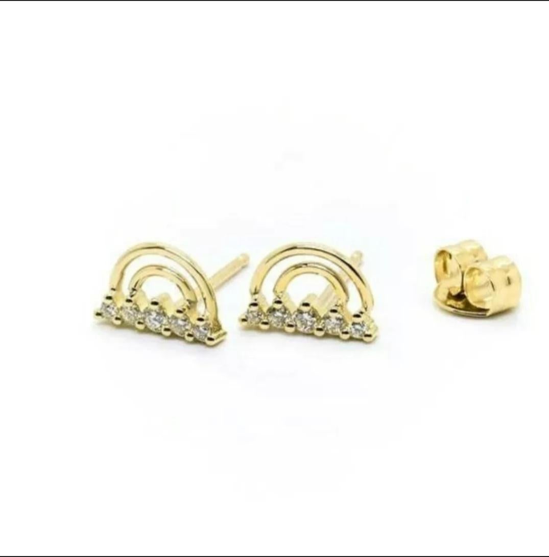 Art Deco 14K Yellow Gold Elegant Half Circle Earring Pair Diamond Jewelry Gift Half Moon. For Sale