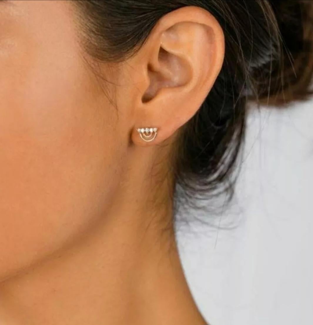 Round Cut 14K Yellow Gold Elegant Half Circle Earring Pair Diamond Jewelry Gift Half Moon. For Sale