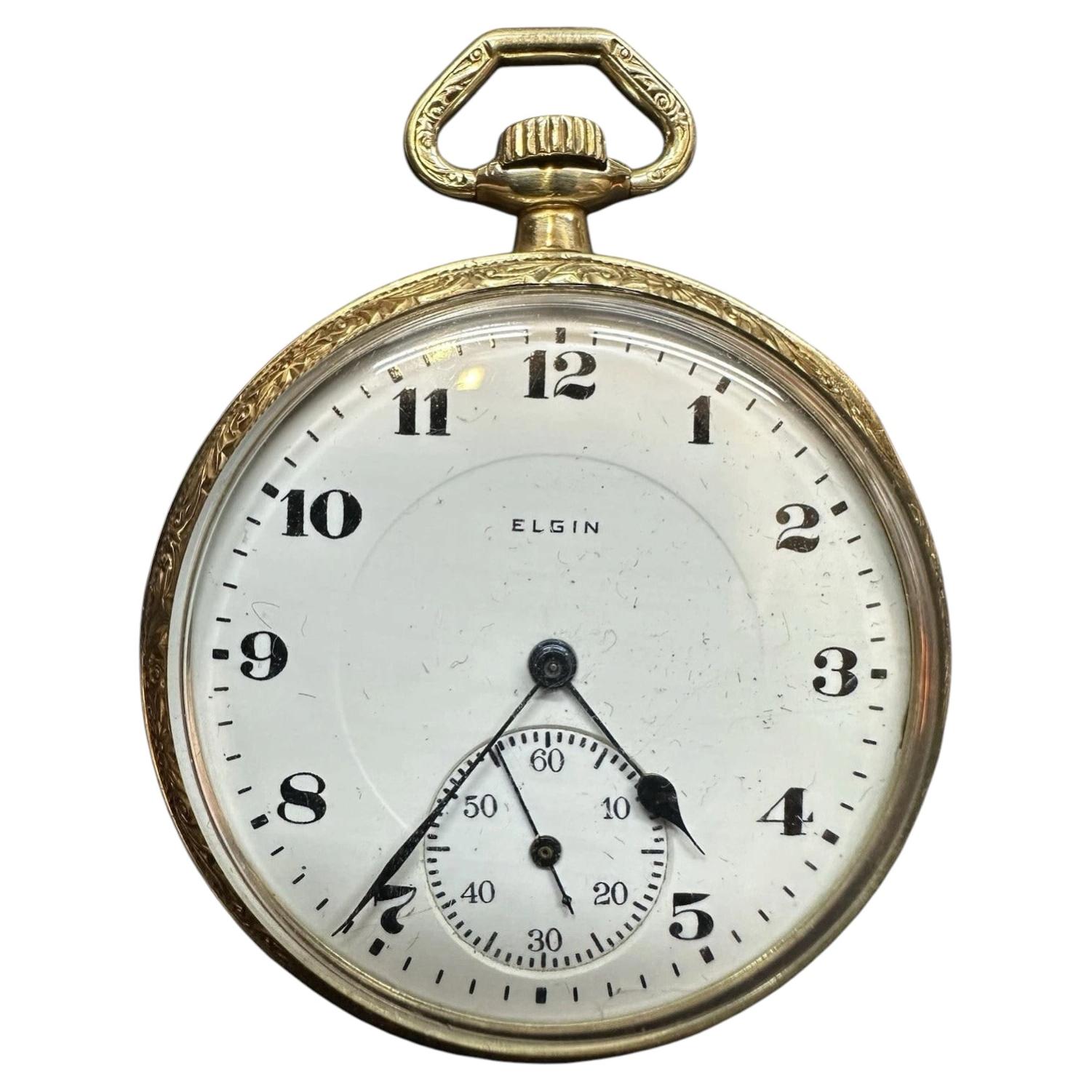 14k Yellow Gold Elgin Grade 345 Size 12S 17j Mechanical Open Face Pocket Watch