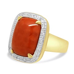 14K Yellow Gold Elongated Cushion Cabochon Cut Red Coral and Round Diamond Halo