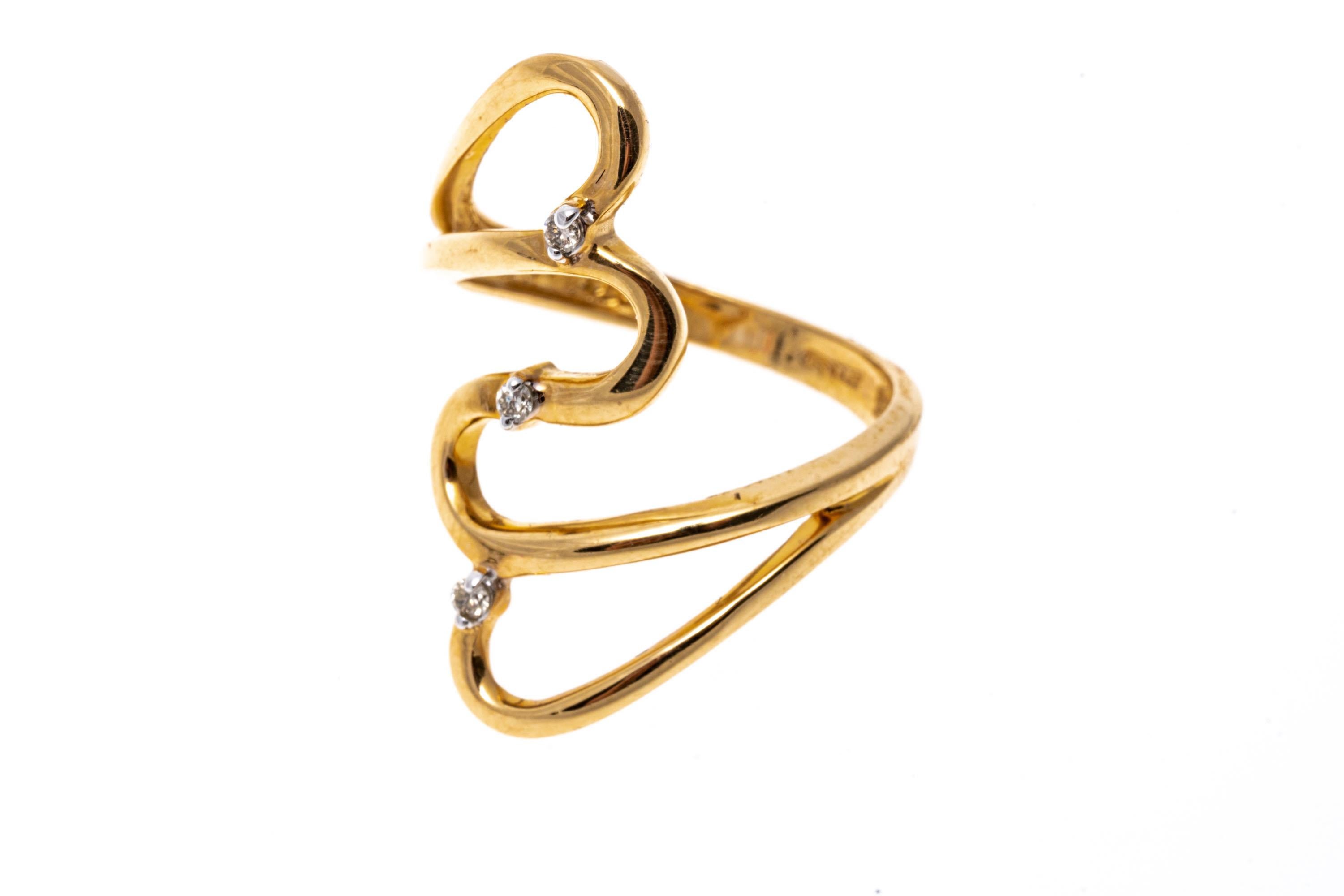 14k Yellow Gold Elongated Open Heart Bypass Ring with Diamonds For Sale 1