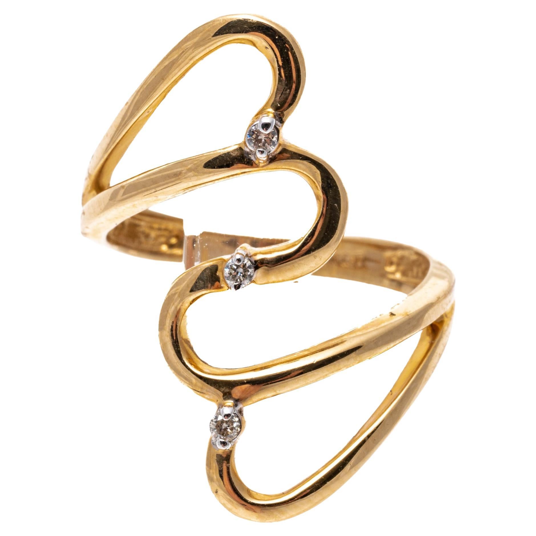 14k Yellow Gold Elongated Open Heart Bypass Ring with Diamonds For Sale