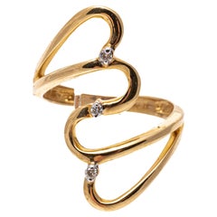 Retro 14k Yellow Gold Elongated Open Heart Bypass Ring with Diamonds