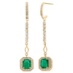 14K Yellow Gold Emerald 2.40 Cts .& Diamond 1.10 Cts Halo Lariat Drop Earrings