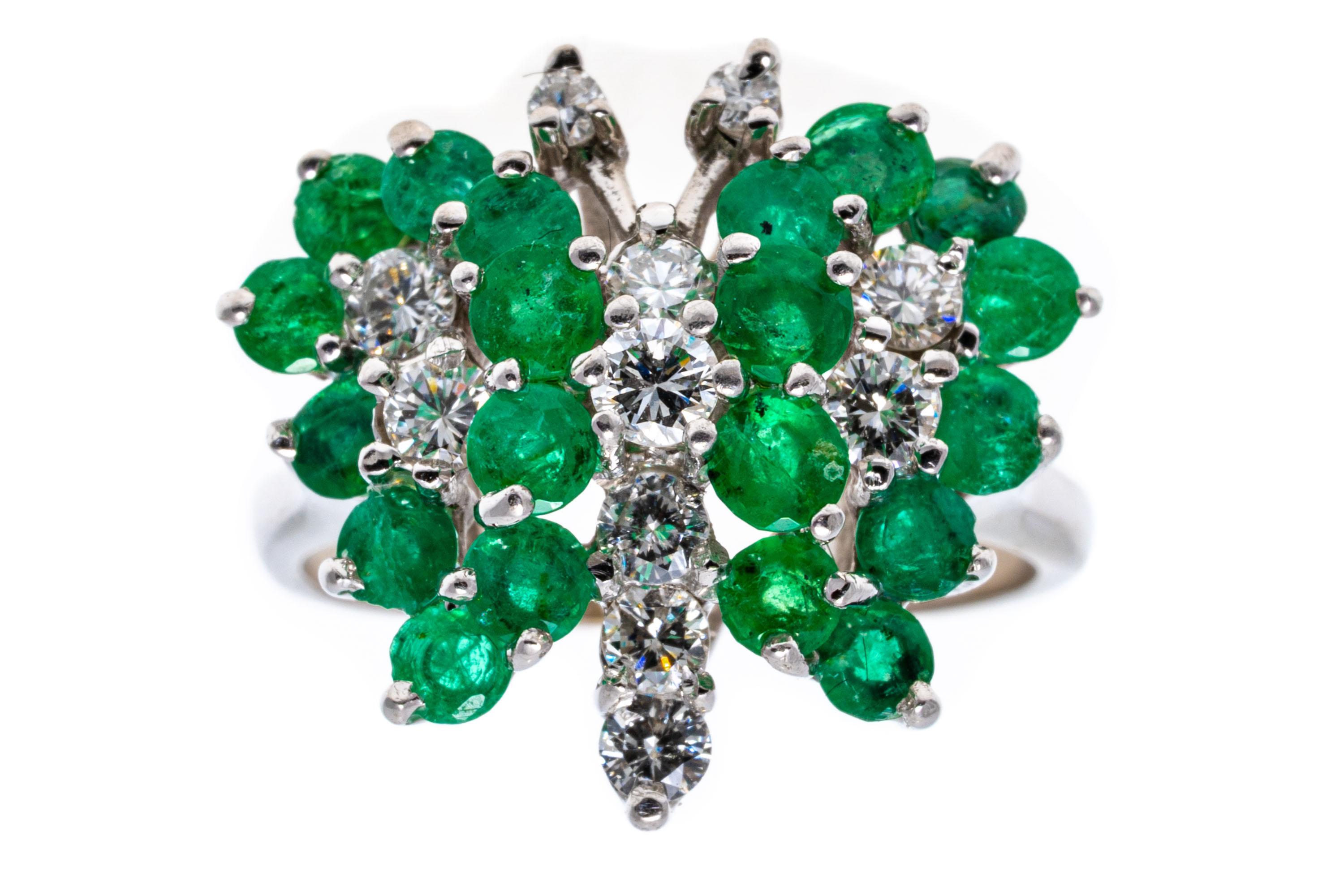 Retro 14k Yellow Gold Emerald and Diamond Butterfly Cluster Ring For Sale