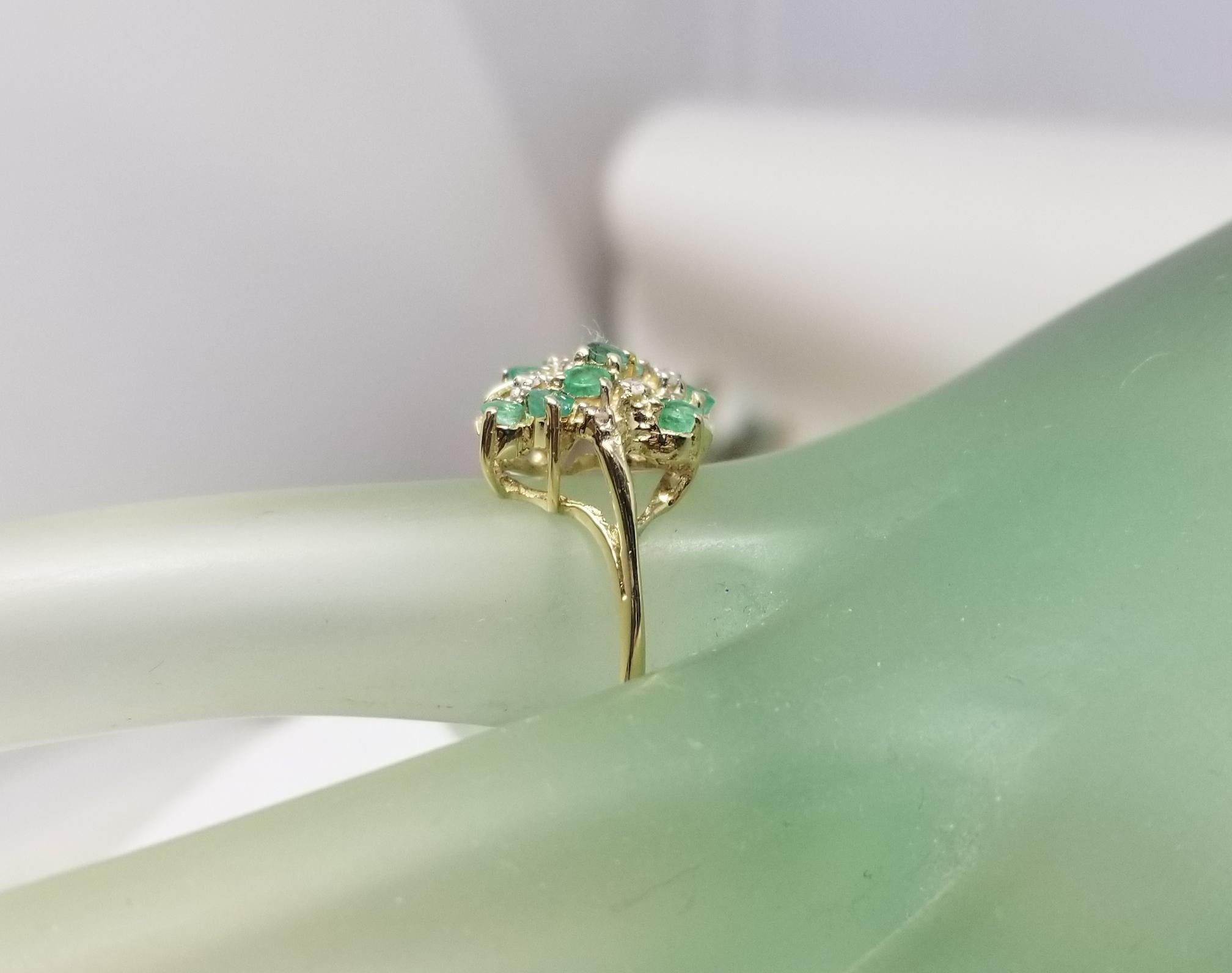 Women's or Men's 14k Yellow Gold Emerald and Diamond Cluster Ring For Sale