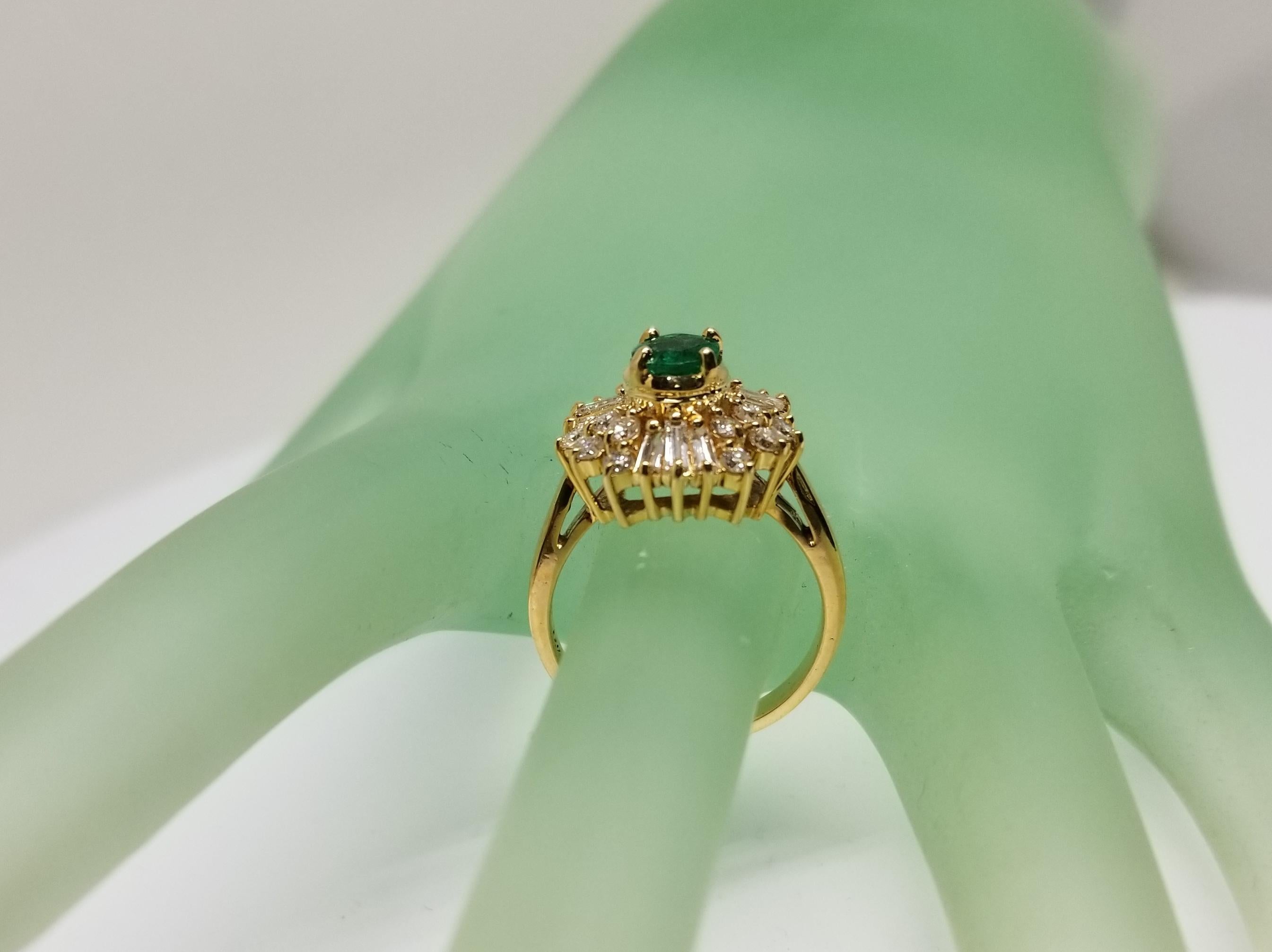 14 Karat Yellow Gold Emerald and Diamond Cluster Ring For Sale 1