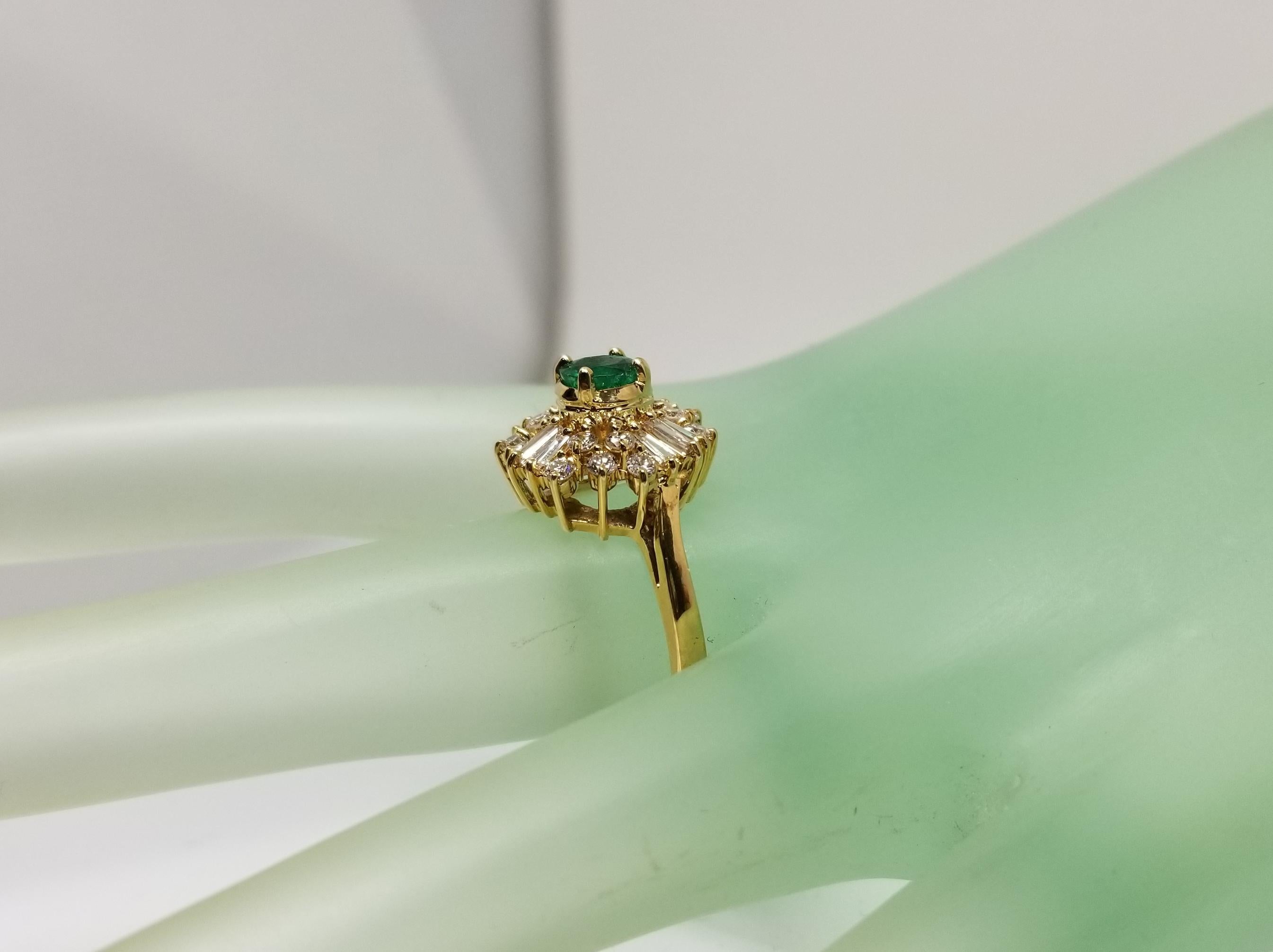 14 Karat Yellow Gold Emerald and Diamond Cluster Ring For Sale 2