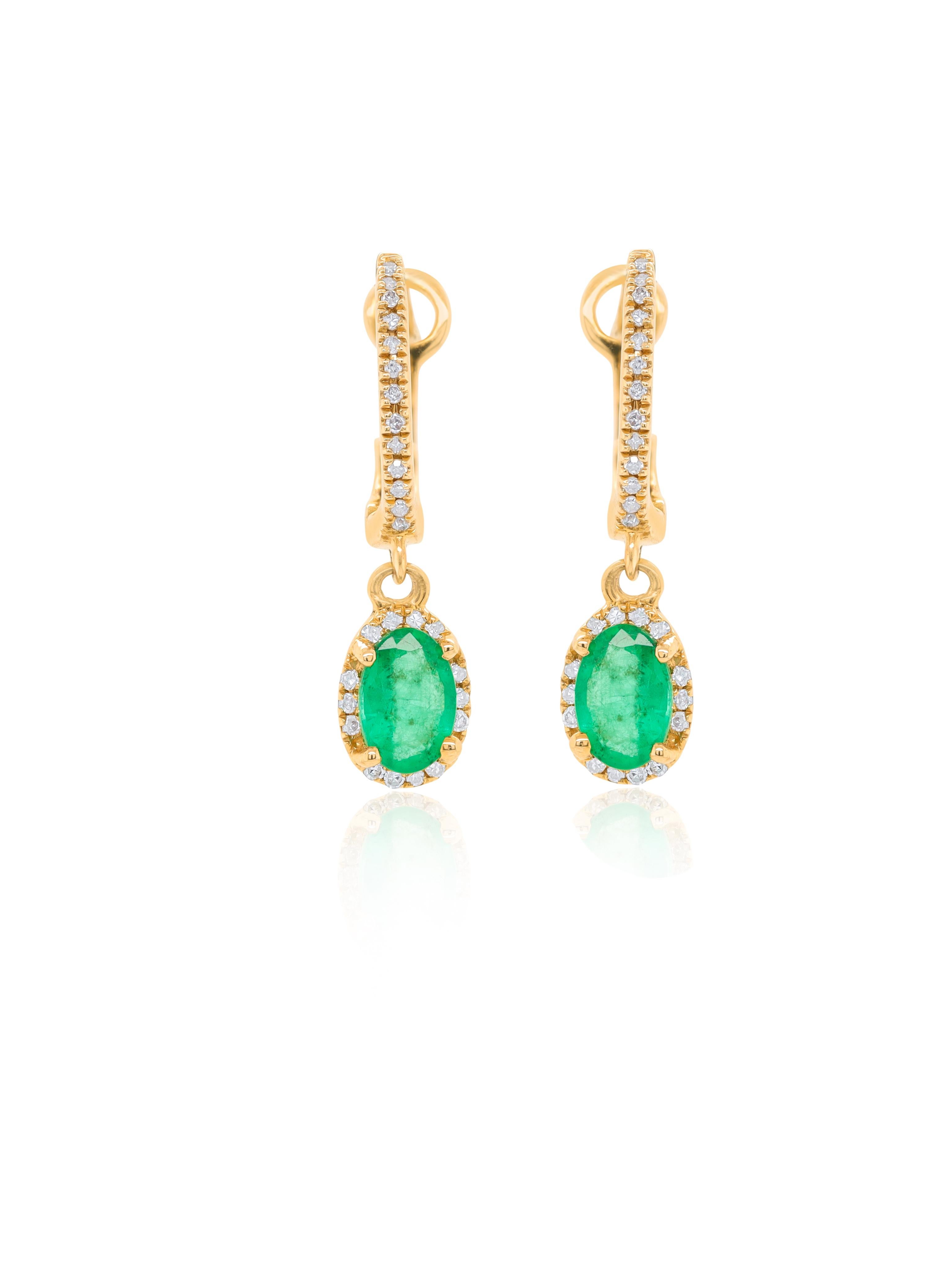 Round Cut 14K Yellow Gold Emerald and Diamond Earrings 