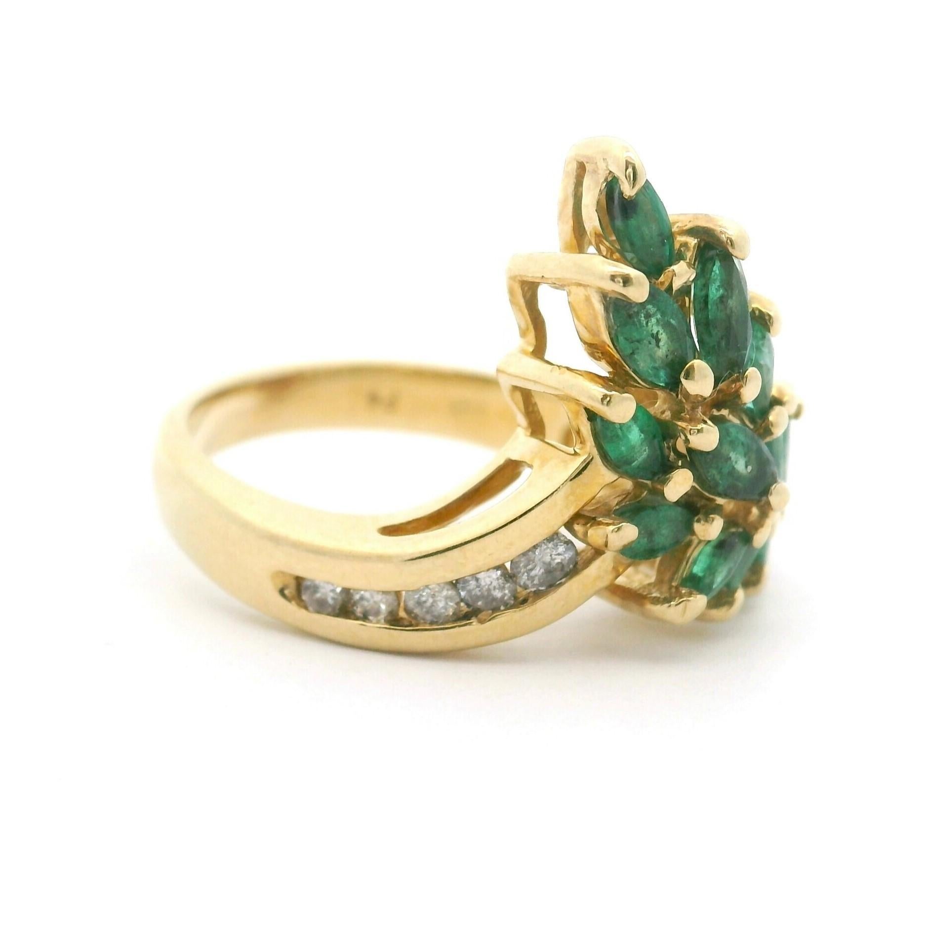 Marquise Cut 14k Yellow Gold Emerald and Diamond Floral Ring Size 7