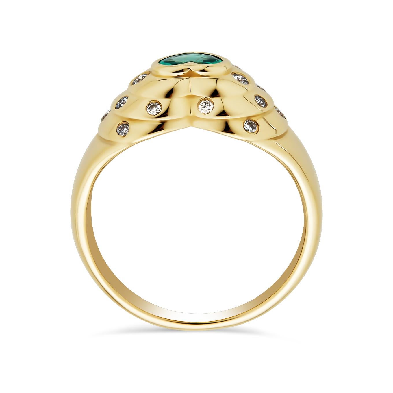 From the heart of the Thomas Laine atelier emerges a piece exuding timeless grace: the 14k Yellow Gold Heart Ring. Nestled at its core is the mesmerizing allure of a hand-selected Emerald, evoking the deepest sentiments of love and devotion. This