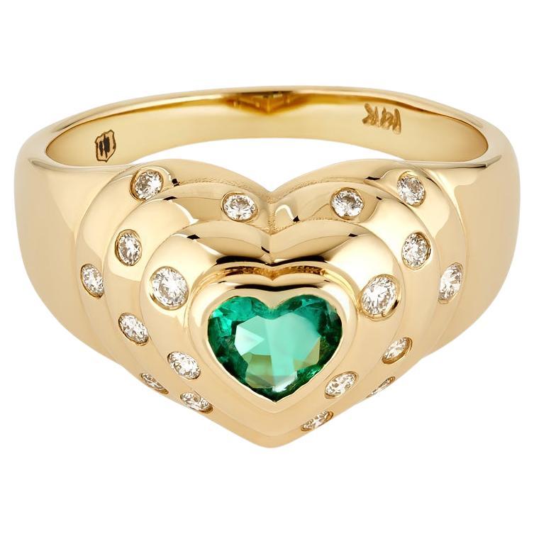 14k Yellow Gold Emerald and Diamond Heart Ring For Sale