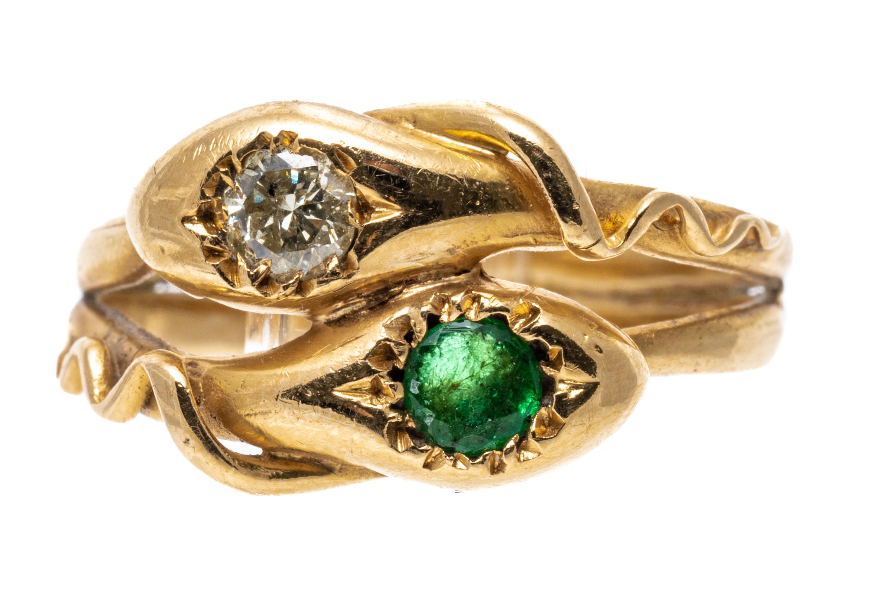 Retro 14k Yellow Gold Emerald and Diamond Intertwining Serpent Motif Ring For Sale