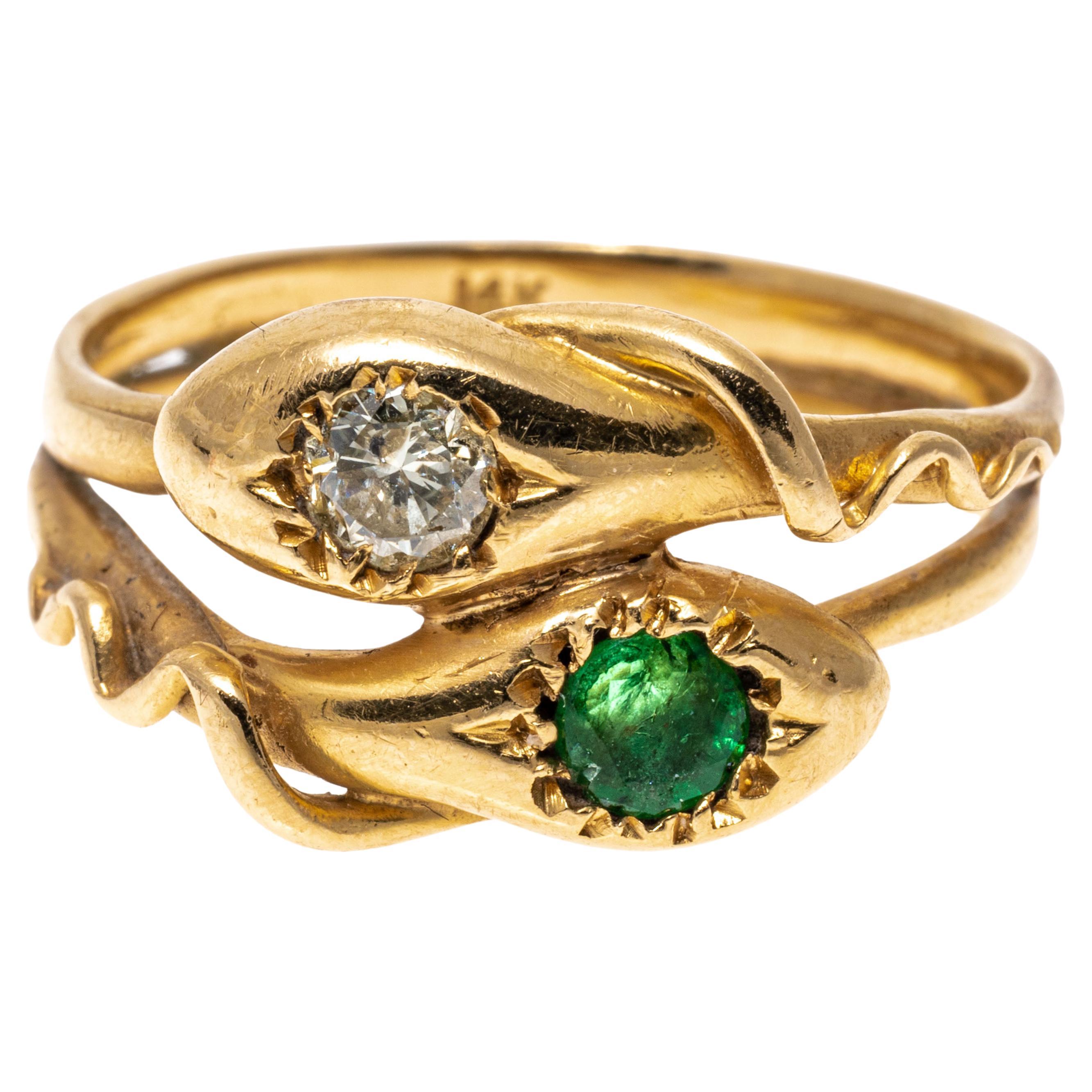 14k Yellow Gold Emerald and Diamond Intertwining Serpent Motif Ring For Sale