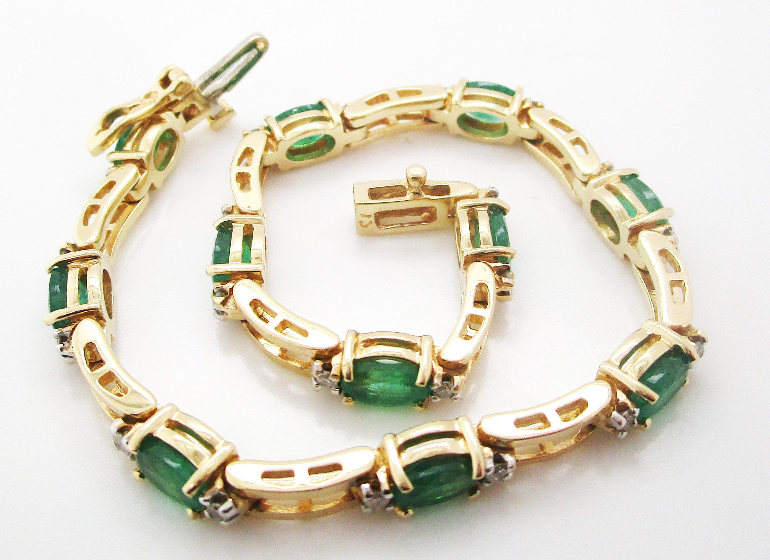 Oval Cut 14 Karat Yellow Gold Emerald and Diamond Link Straight Line Bracelet